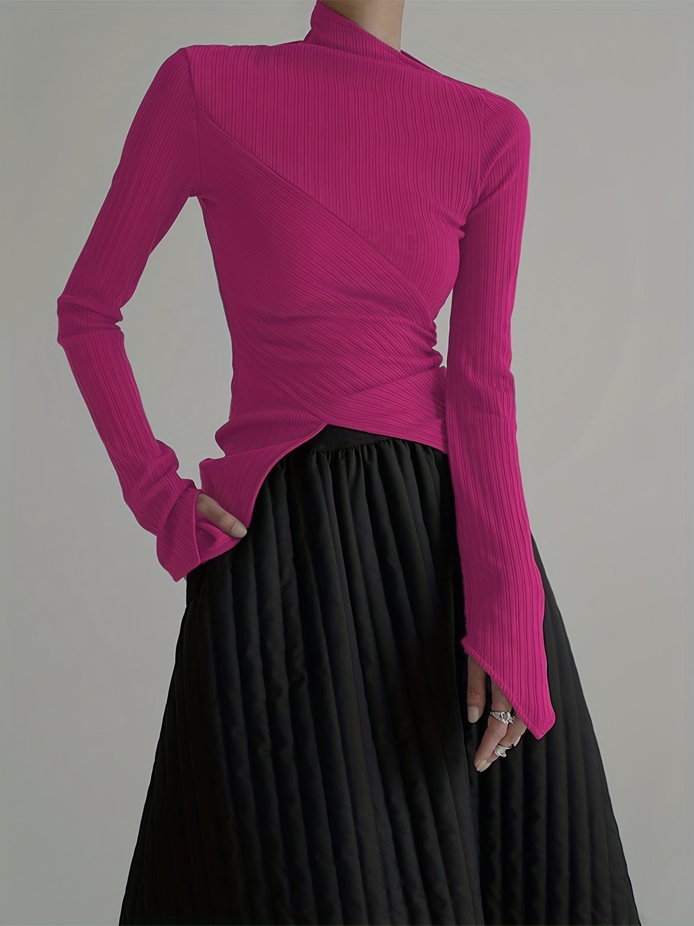 Sixsr Elegant Long Sleeve Basic T-Shirts, Solid Casual T-Shirts For Spring & Fall, Women's Clothing