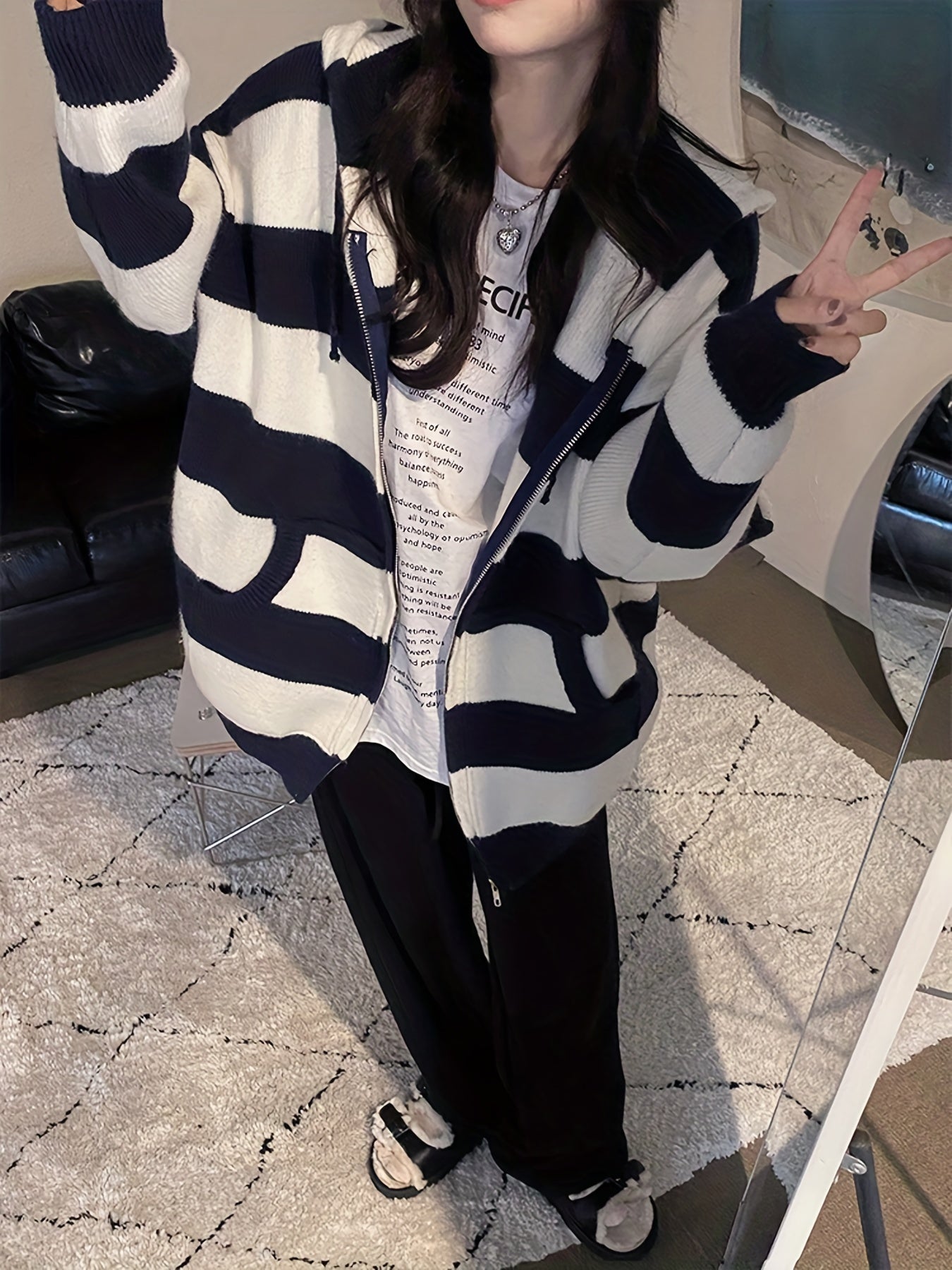 Sixsr Striped Zip Up Knit Cardigan, Vintage Long Sleeve Loose Hooded Sweater, Women's Clothing