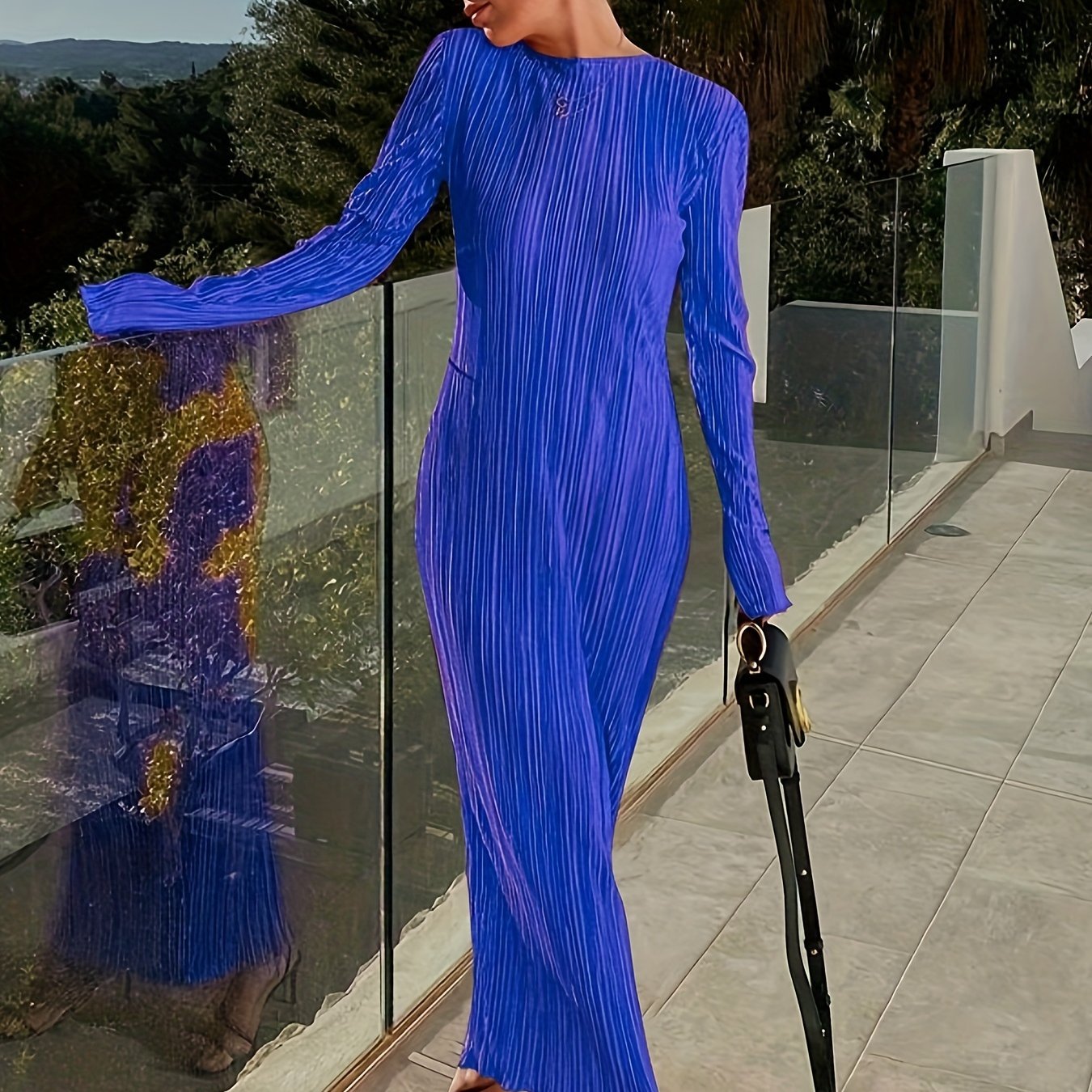 Sixsr Solid Crew Neck Slim Dress, Elegant Long Sleeve Dress For Spring & Fall, Women's Clothing