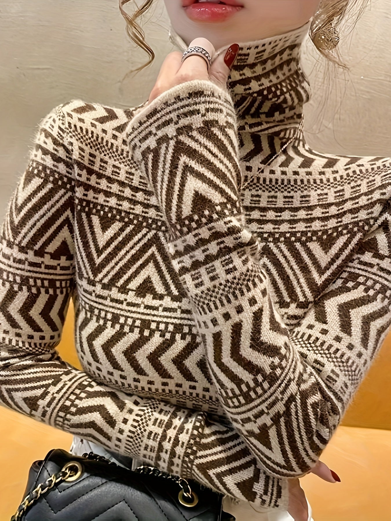 Sixsr Geo Pattern Turtle Neck Pullover Sweater, Elegant Long Sleeve Fashion Slim Sweater, Women's Clothing