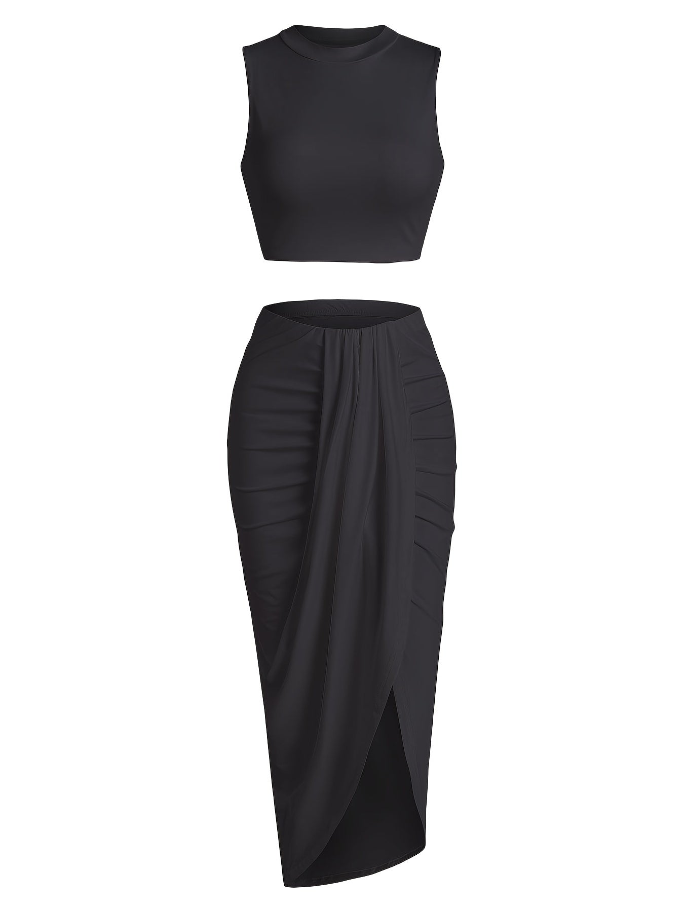 Two-piece Skirt Set, Crop Tank Top & Ruched Split Front Skirt Outfits, Women's Clothing