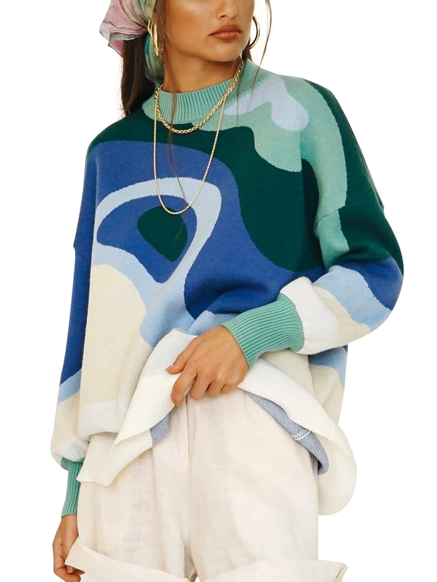 Sixsr Plus Size Casual Sweater, Women's Plus Abstract Print Long Sleeve Mock Neck Medium Stretch Pullover Jumper