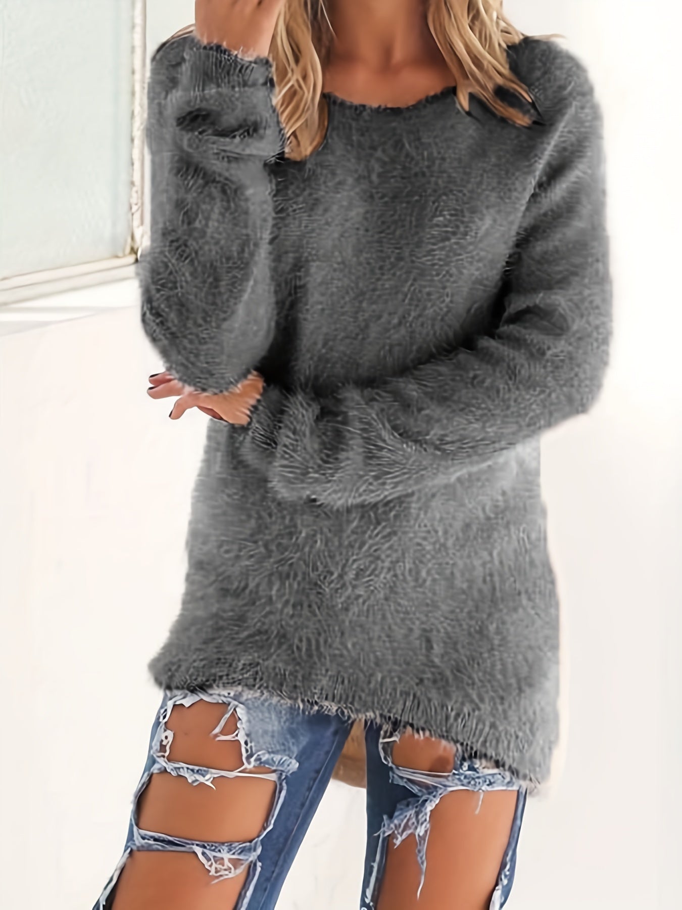 Sixsr Plus Size Casual Sweater, Women's Plus Solid Long Sleeve Round Neck Loose Fluffy Pullover Sweater