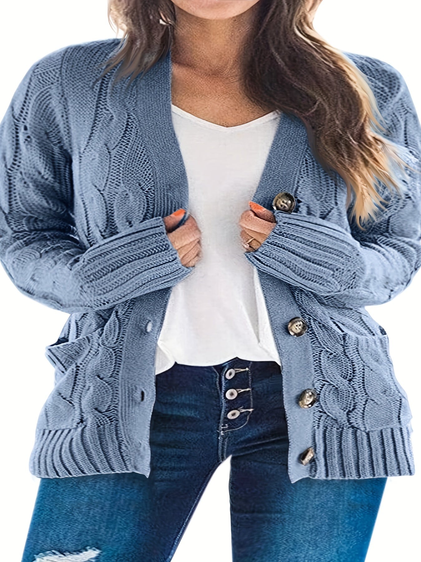 Sixsr Plus Size Casual Sweater, Women's Plus Solid Cable Button Up Long Sleeve Slight Stretch Cardigan With Pockets