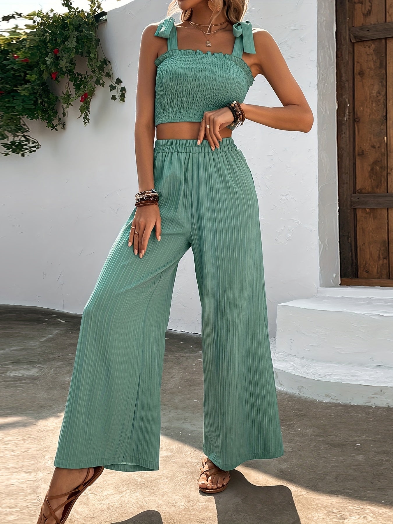Sixsr Casual Matching Two-piece Set, Shirred Crop Tank Top & Wide Leg Pants Outfits, Women's Clothing