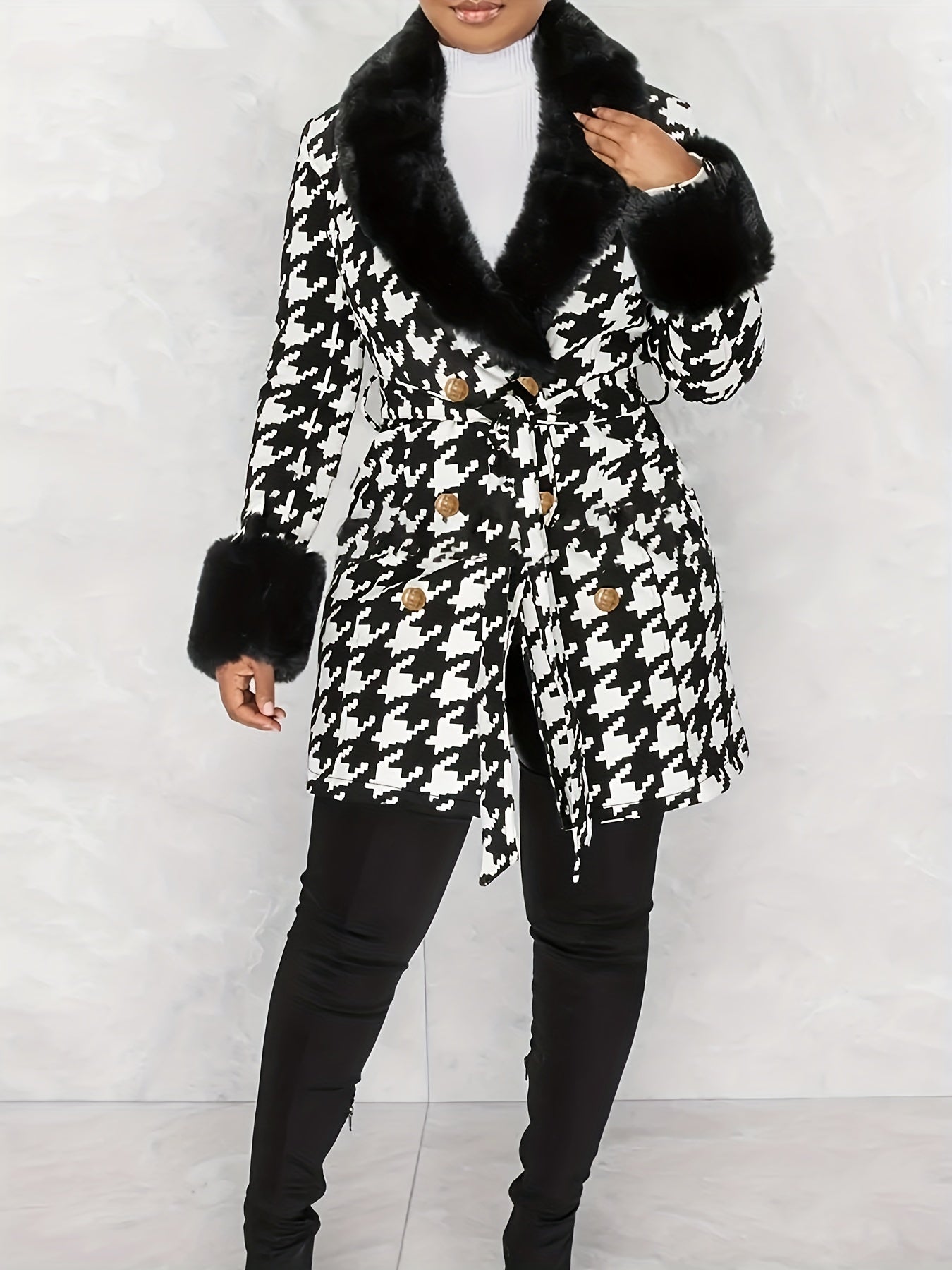 Sixsr Houndstooth Faux-Fur Trim Outwear, Elegant Double Breasted Long Sleeve Belted Coat For Winter, Women's Clothing