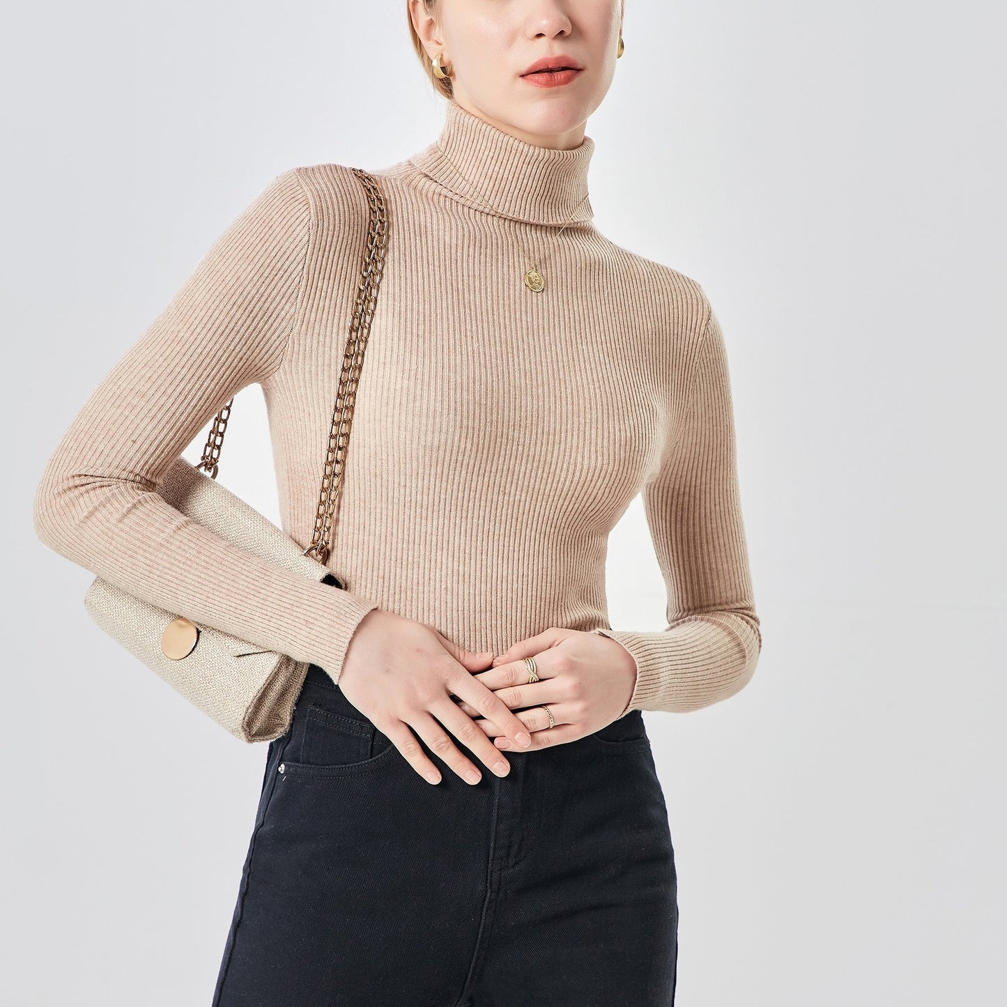Sixsr Women's Sweater Turtleneck Solid Ribbed Long Sleeve Slim Pullover Knit Tops