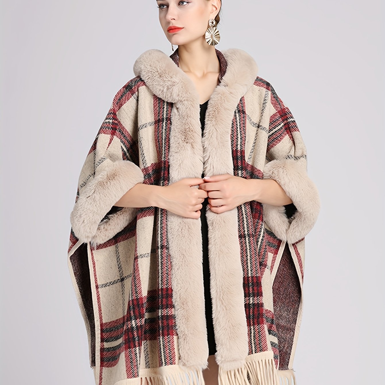 Sixsr Fuzzy Trim Plaid Cape Cardigan, Elegant Tassel Open Front Shawl Tops, Women's Clothing