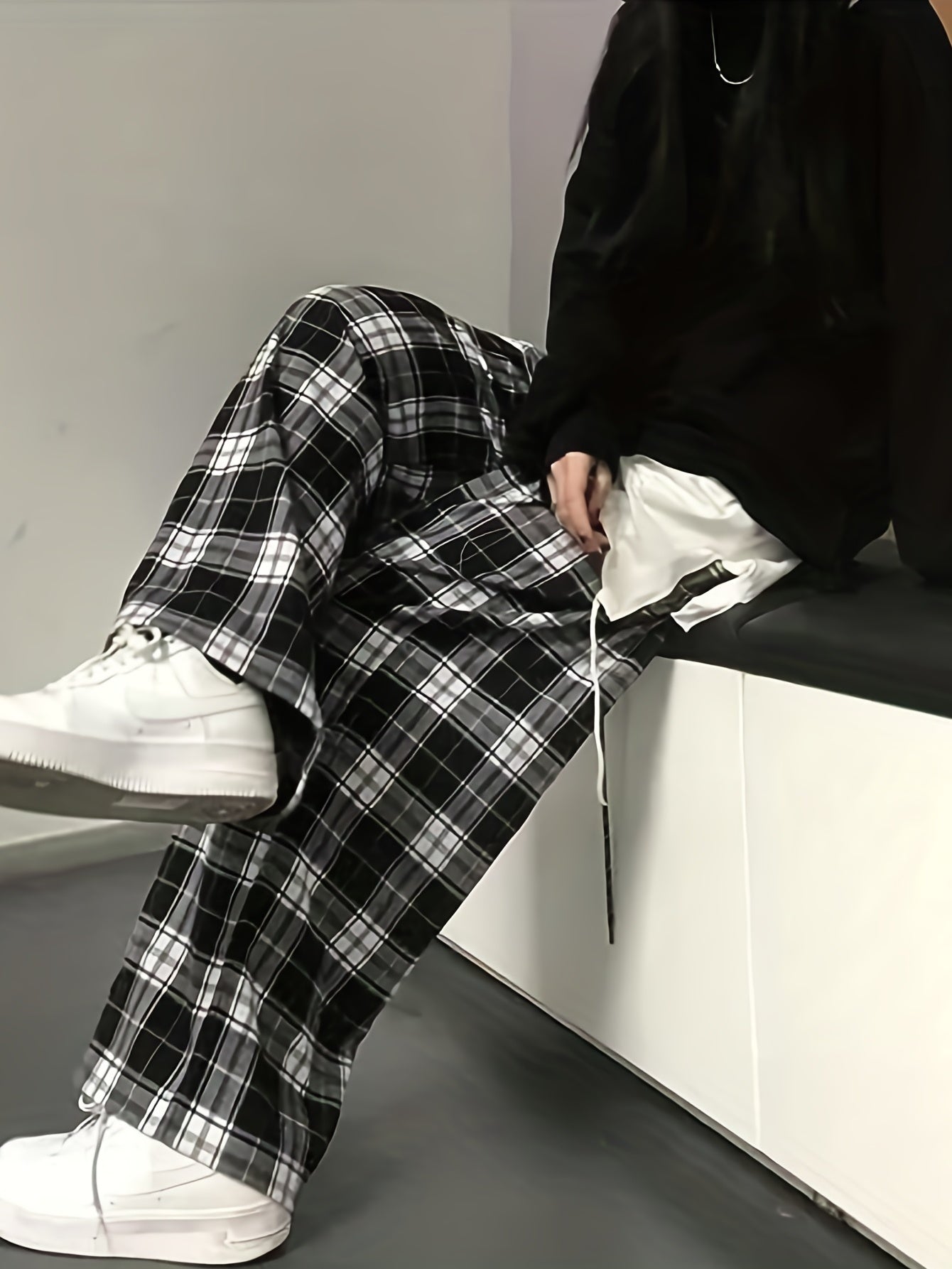 Sixsr Plaid Drawstring Straight Leg Pants, Casual Loose Pants For Spring & Fall, Women's Clothing