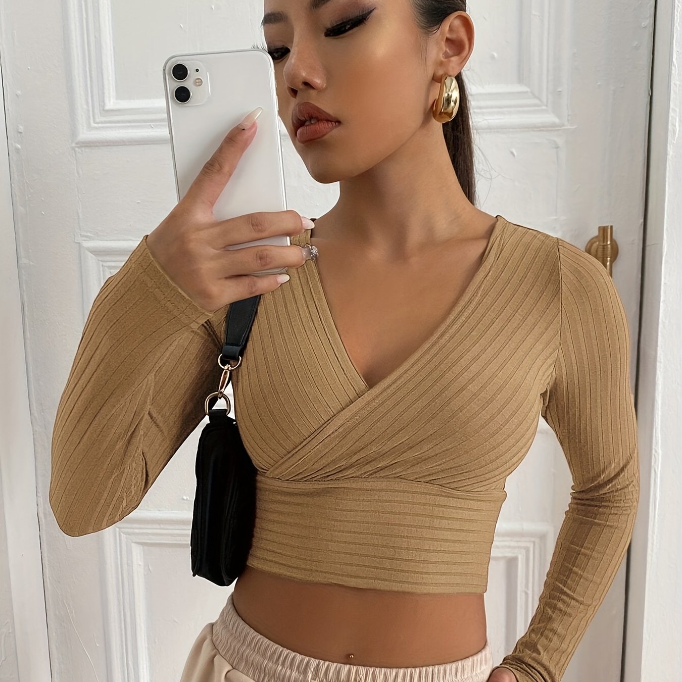 Sixsr Ribbed Solid Deep V Neck Long Sleeve Cross Wrap Crop Tops , Women's Clothings