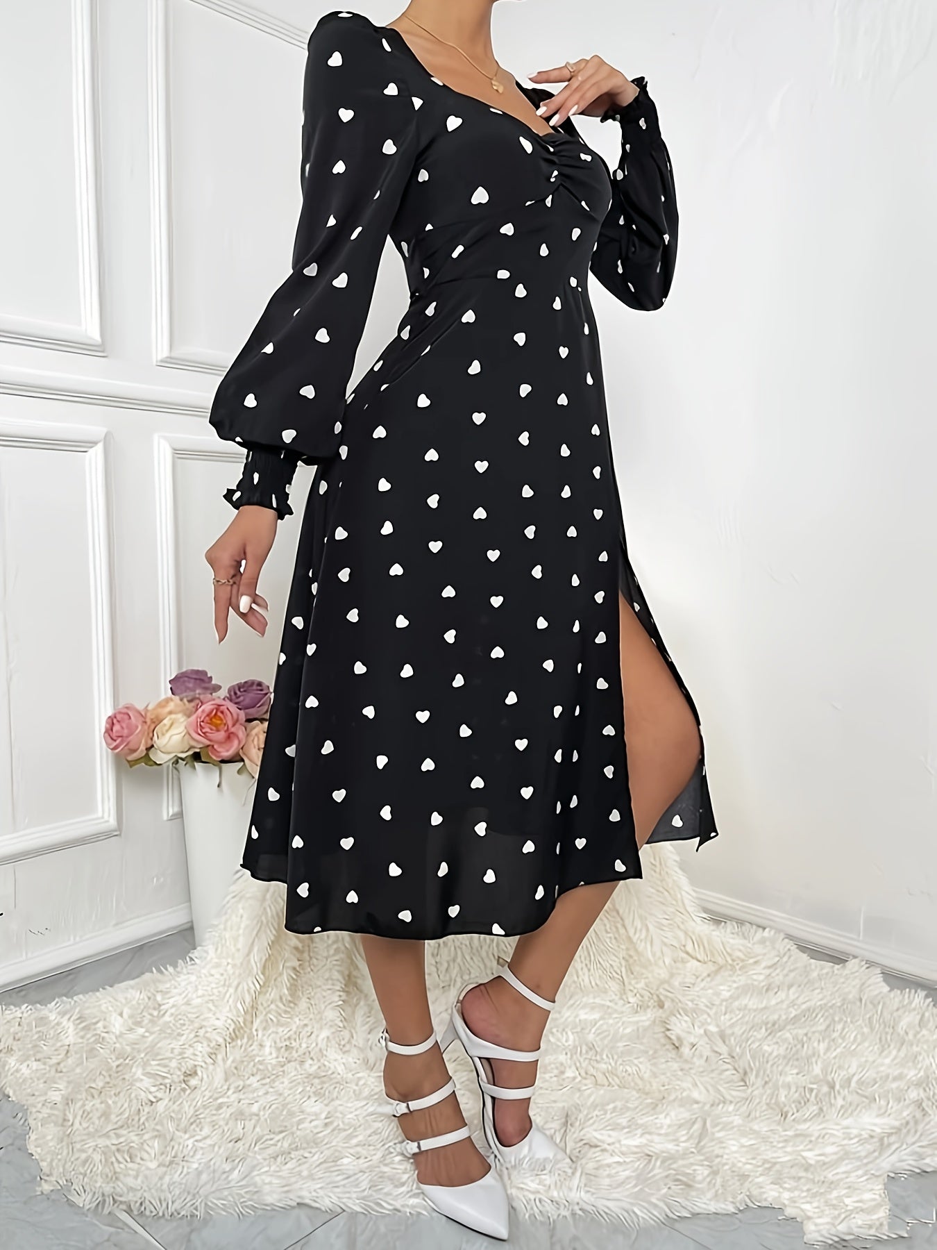 Sixsr Heart Print Sweetheart Neck Dress, Elegant Long Sleeve Split Dress, Women's Clothing