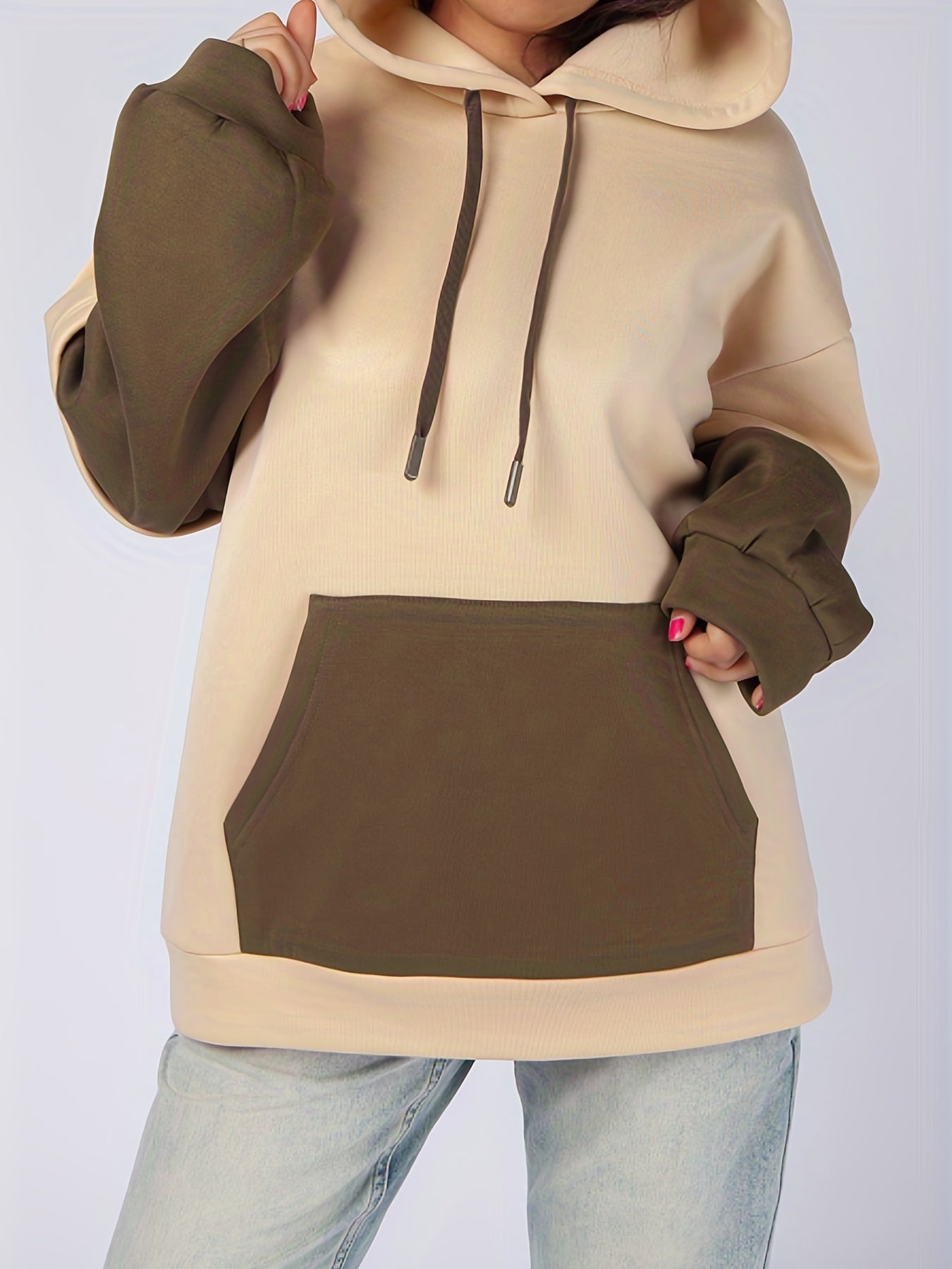Sixsr Plus Size Casual Sweatshirt, Women's Plus Colorblock Long Sleeve Slight Stretch Drawstring Hoodie With Giant Pocket