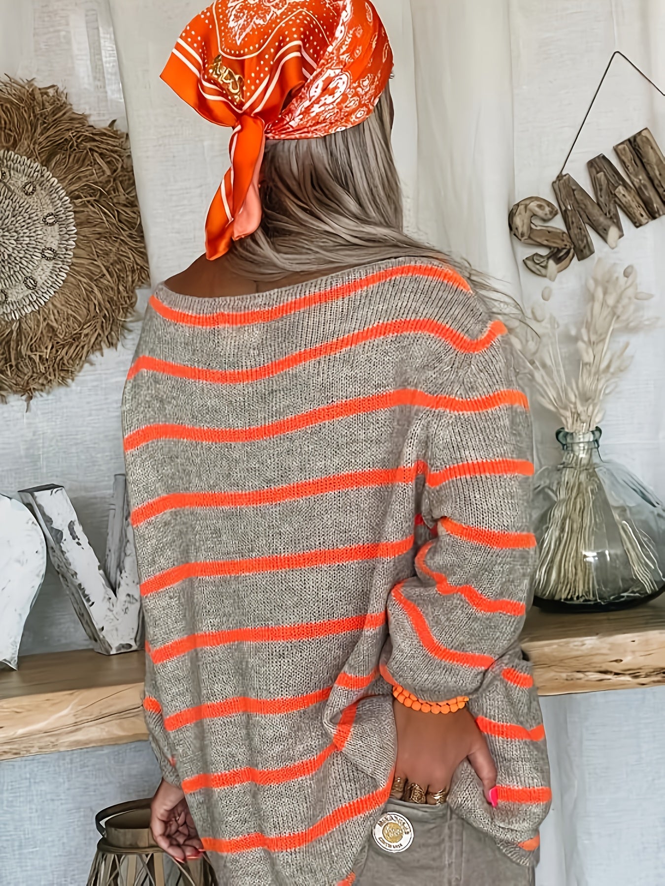 Sixsr Stripe Pattern Pocket Knitted Sweater, Casual Long Sleeve Sweater For Fall & Winter, Women's Clothing