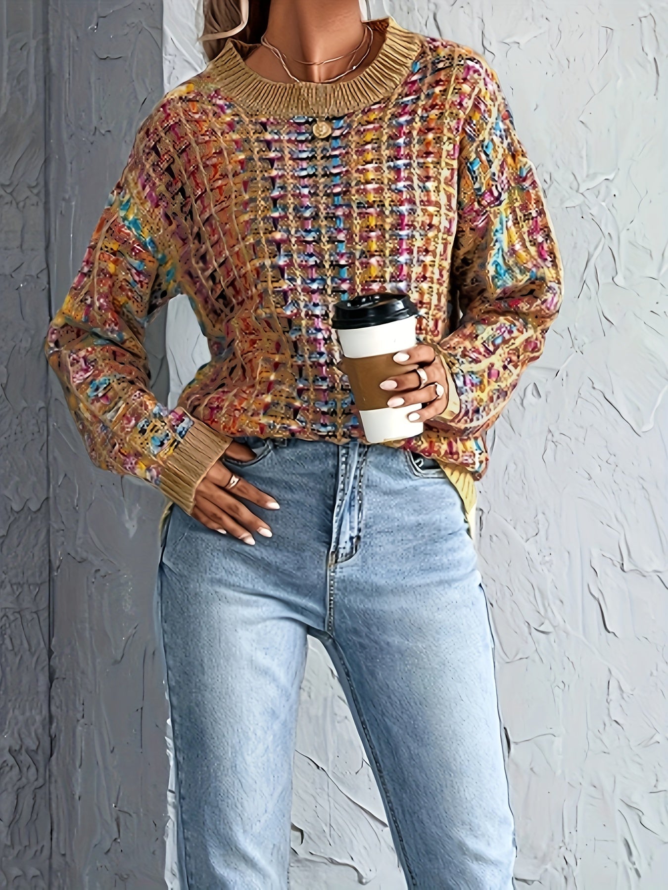 Sixsr Colorful Knit Sweater, Casual Crew Neck Long Sleeve Sweater, Women's Clothing
