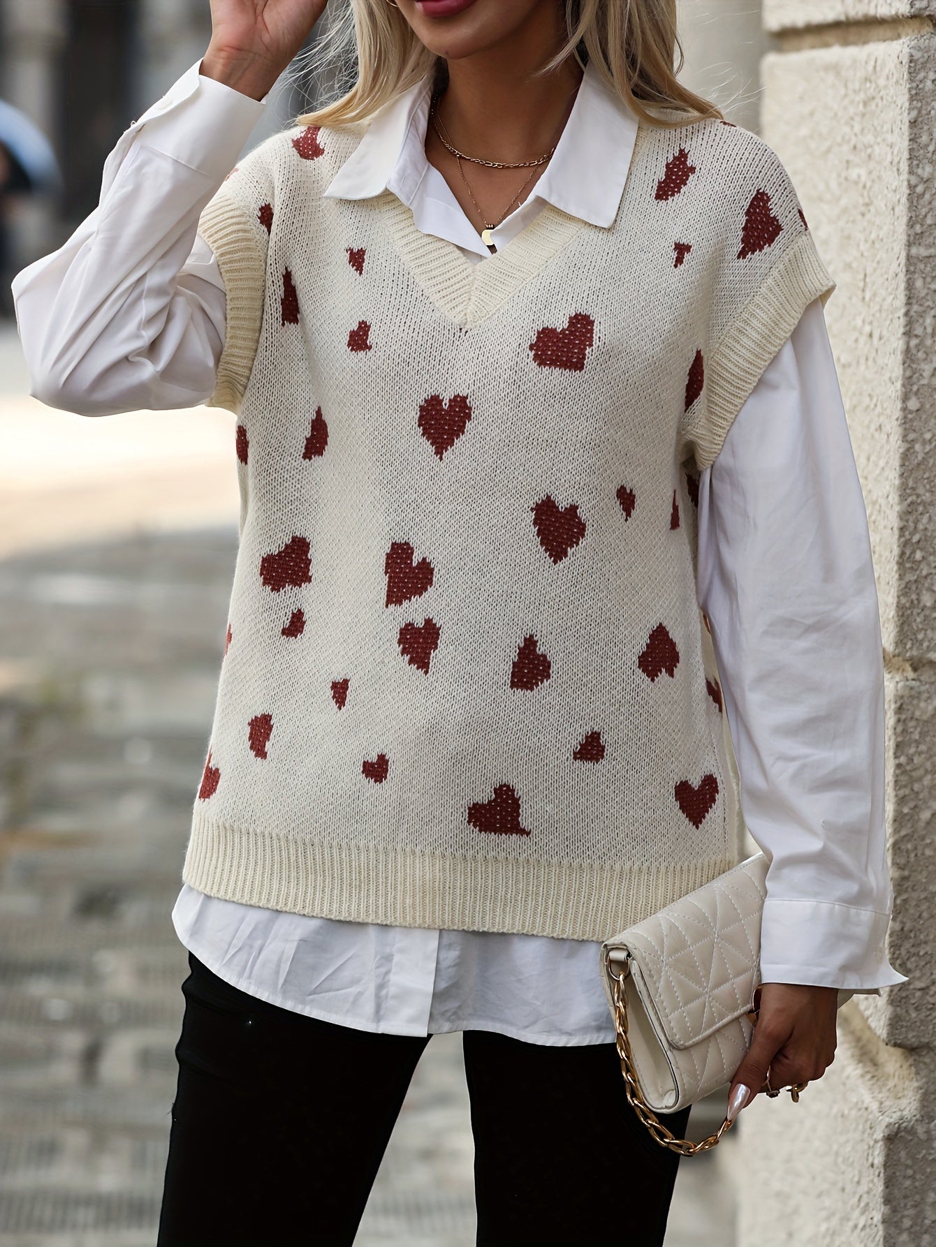 Sixsr Heart V Neck Knitted Sweater Vest, Casual Sleeveless Vest, Women's Clothing