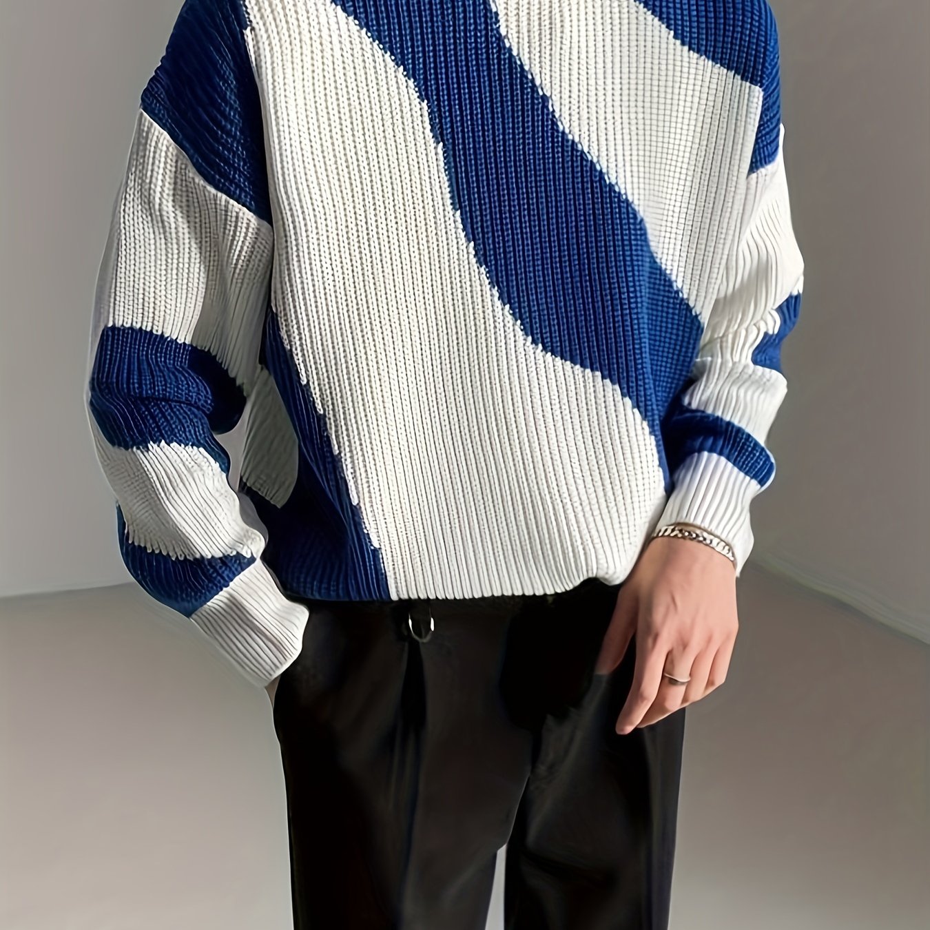 Sixsr All Match Knitted Color Block Wave Pattern Cable Sweater, Men's Casual Warm Slightly Stretch Crew Neck Pullover Sweater For Men Fall Winter