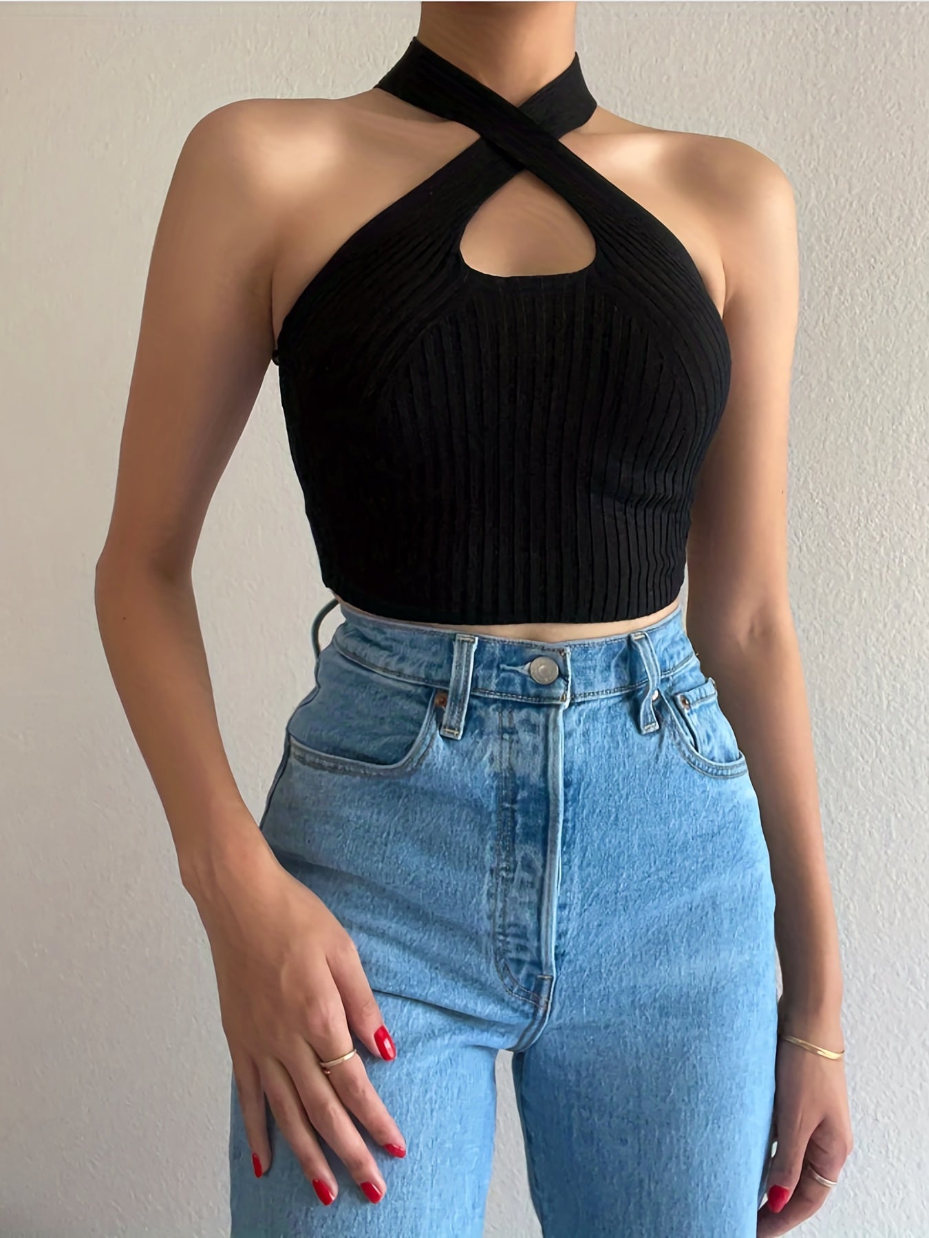 Sixsr Knitted Halter Neck Crop Top, Sexy Cross Sleeveless Stretchy Tank Top, Women's Clothing