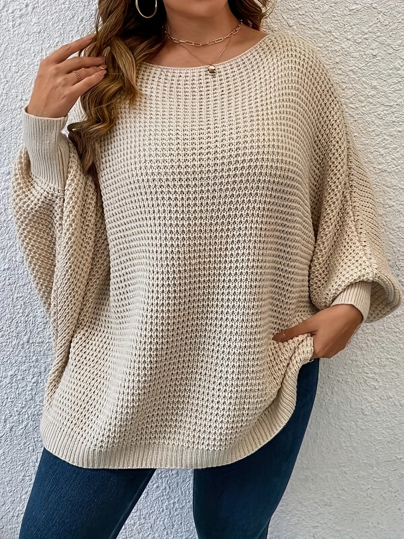 Sixsr Plus Size Casual Sweater, Women's Plus Plain Bat Sleeve Round Neck Slight Stretch Pullover Sweater