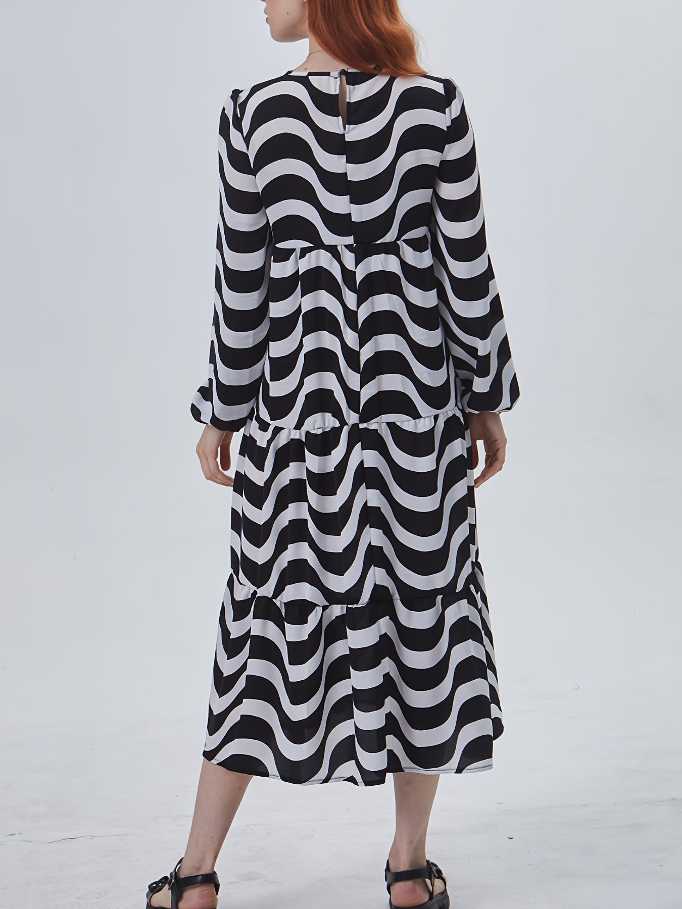 Sixsr Wavy Stripe Print Dress, Casual Crew Neck Keyhole Long Sleeve Dress, Women's Clothing