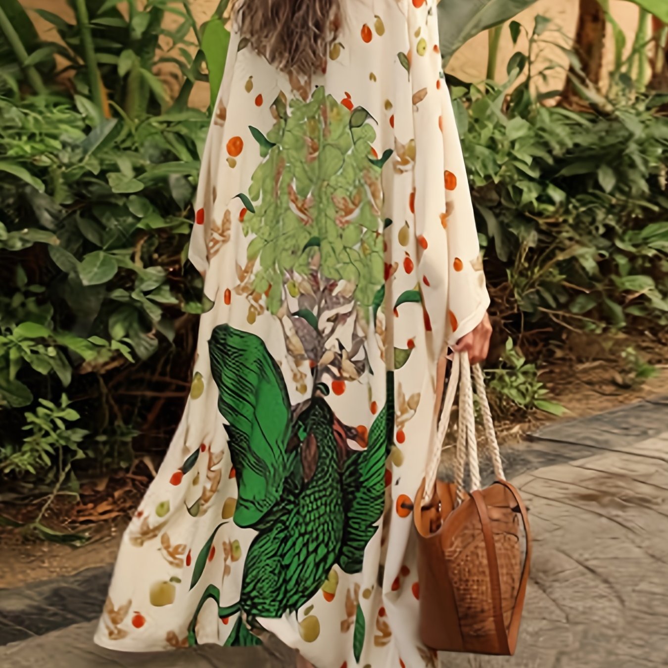 Plus Size Casual Cover Up, Women's Plus Graphic Print Long Sleeve Cover Up Robe