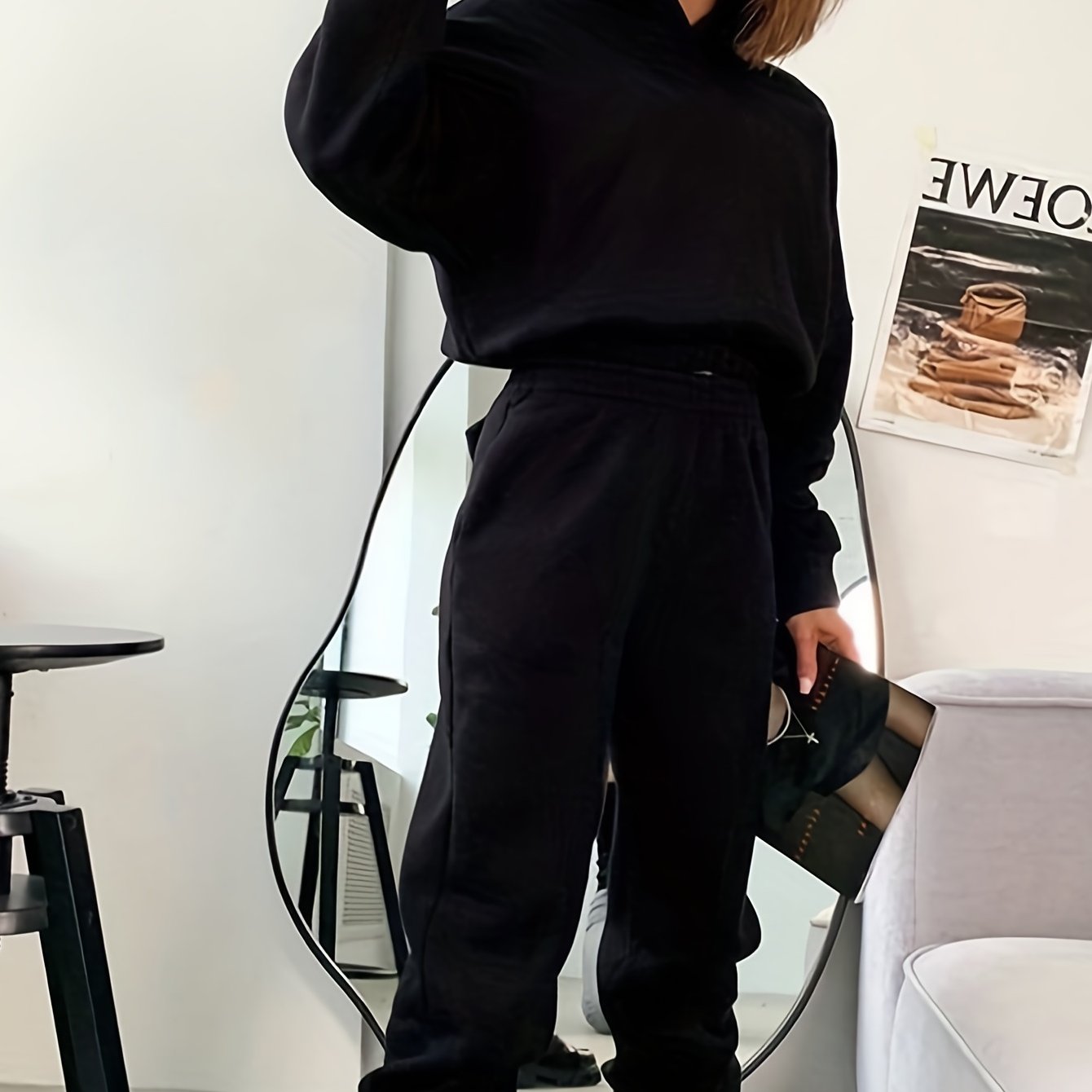 Sixsr Casual Two-piece Set, Solid Hoodie & Elastic Waist Jogger Pants Outfits, Women's Clothing