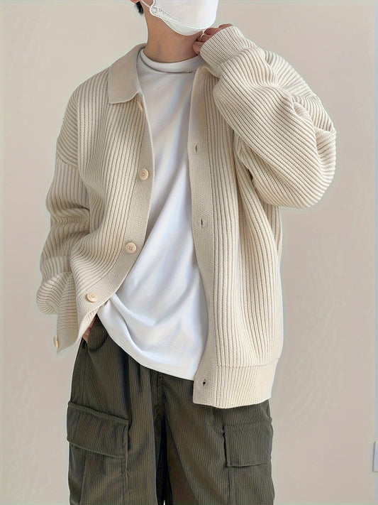 Sixsr Men's Stylish Solid Loose Knitted Cardigan, Casual Medium Stretch Breathable Long Sleeve Button Up Top For City Walk Street Hanging Outdoor Activities
