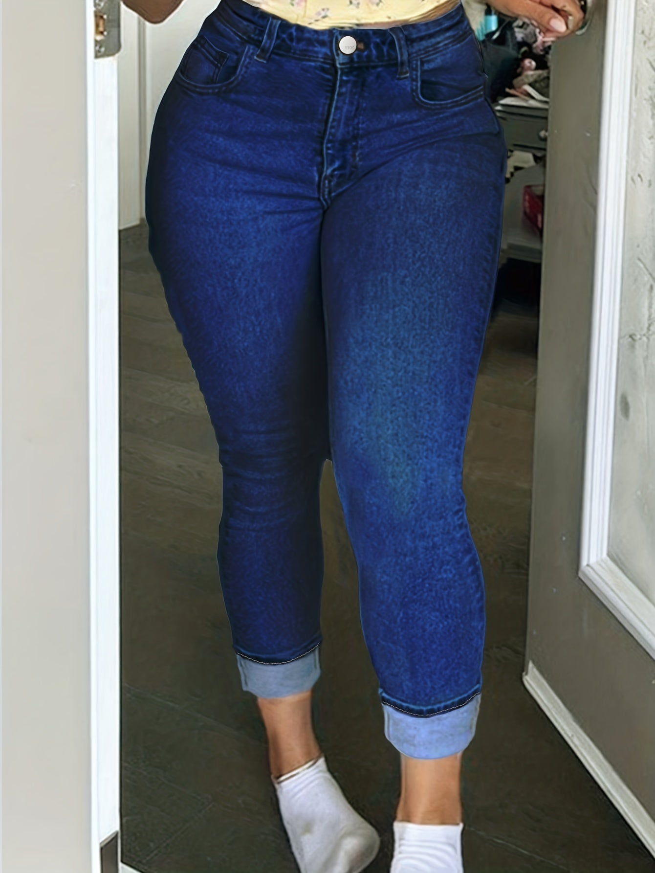 Sixsr Plus Size Casual Jeans, Women's Plus Solid Roll Up Hem Button Fly Medium Stretch Pencil Jeans