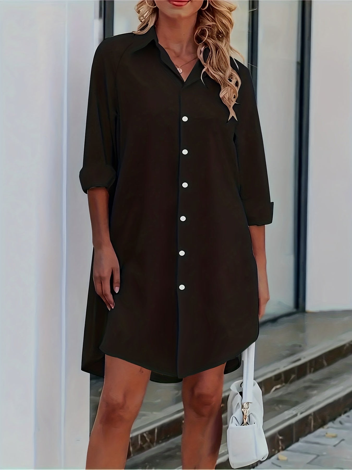 Sixsr Button Front Shirt Dress, Sexy 3/4 Sleeve Solid Turn Down Collar Dress, Women's Clothing