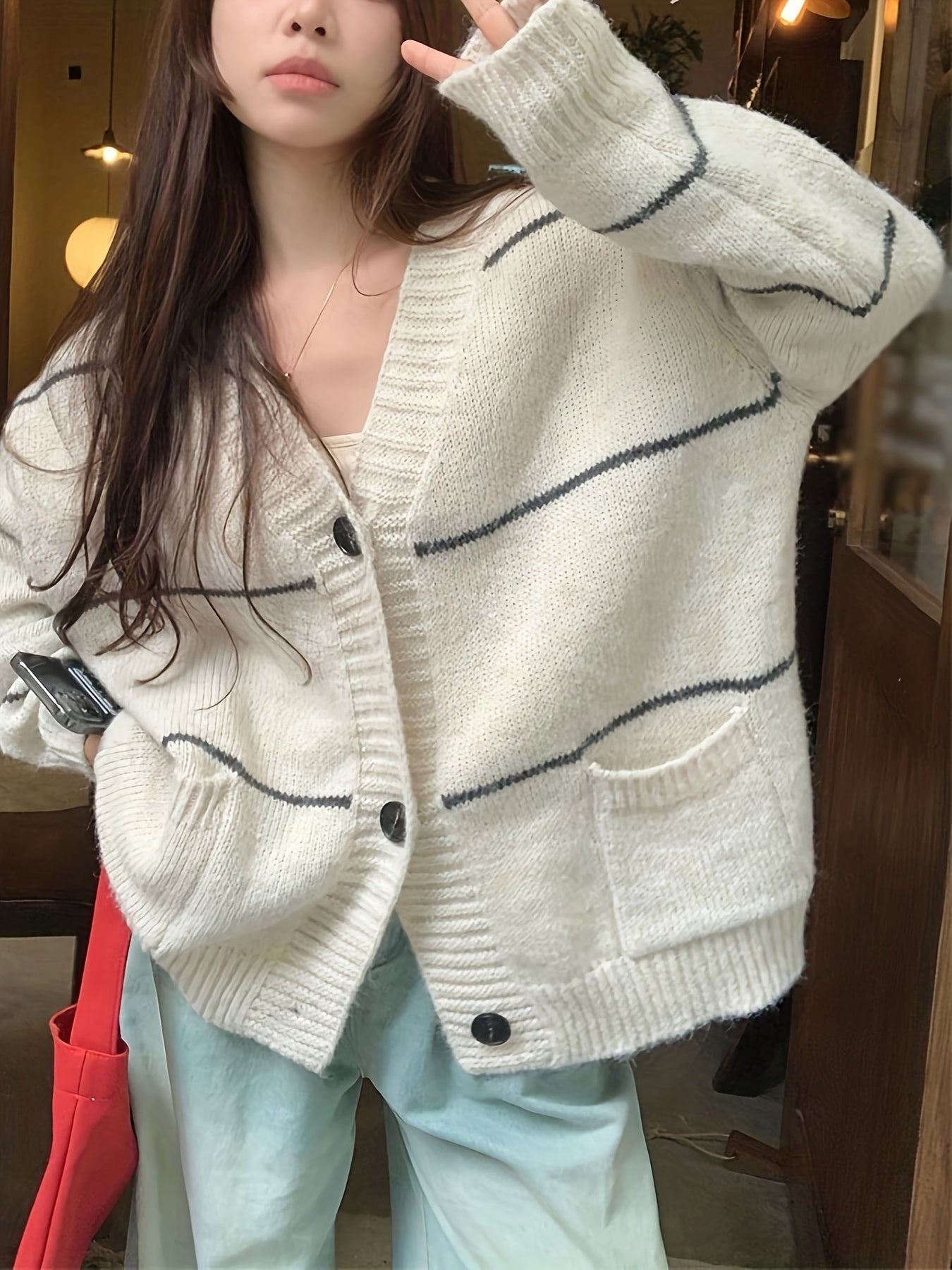 Sixsr Striped Button Front Cardigan, Casual Long Sleeve Drop Shoulder Outwear, Women's Clothing