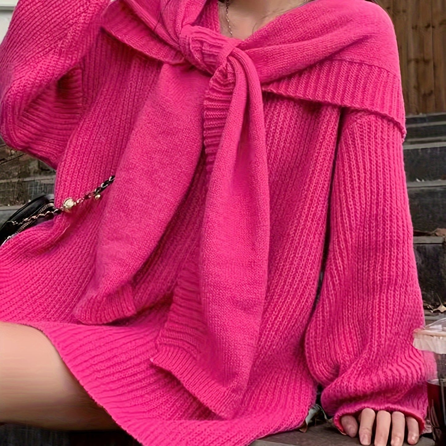 Sixsr Solid Hooded Knitted Pullover Sweater, Casual Long Sleeve Sweater For Fall & Winter, Women's Clothing