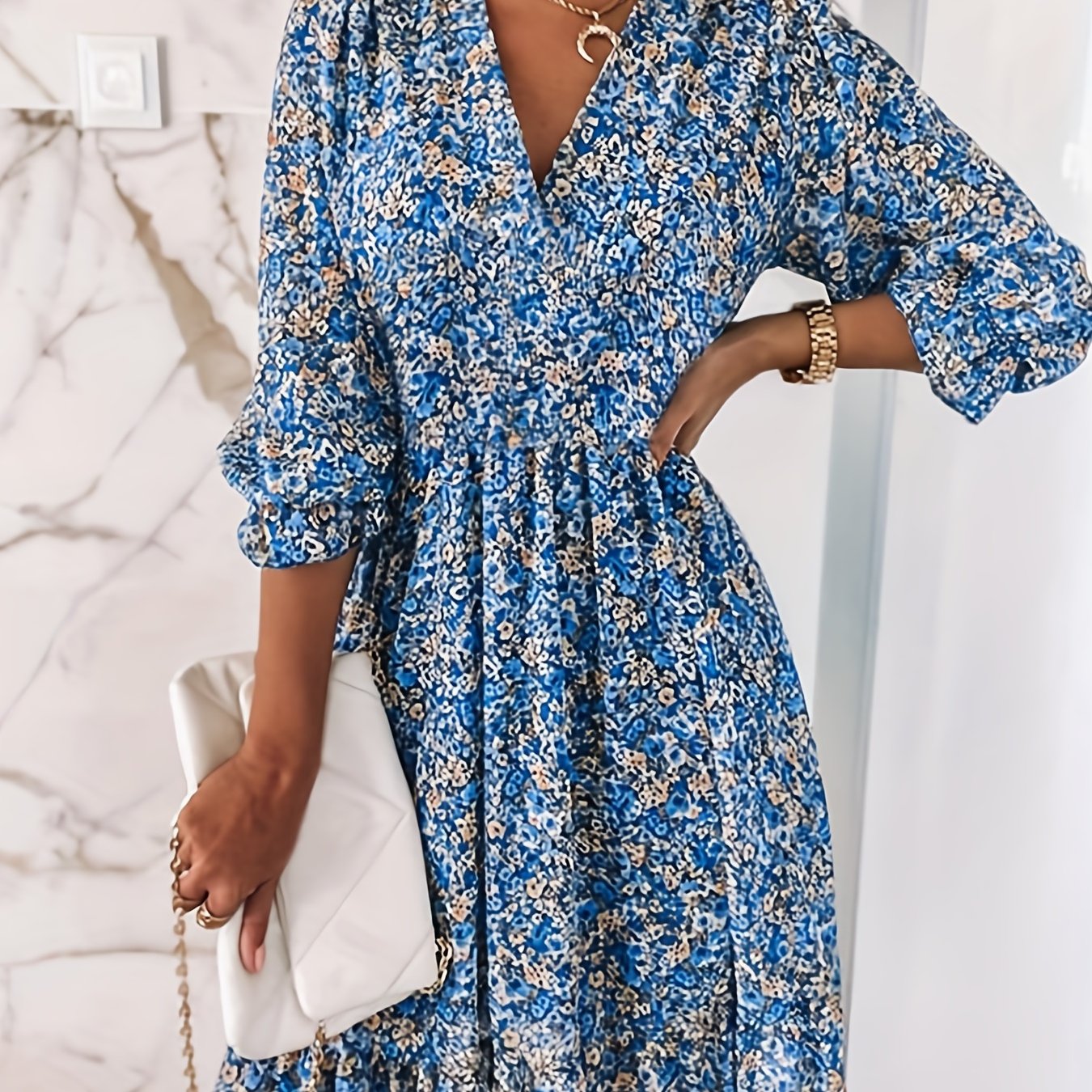 Sixsr Women's Dresses Puff Sleeve Floral Print Ruched Waist V-Neck Boho Dresses