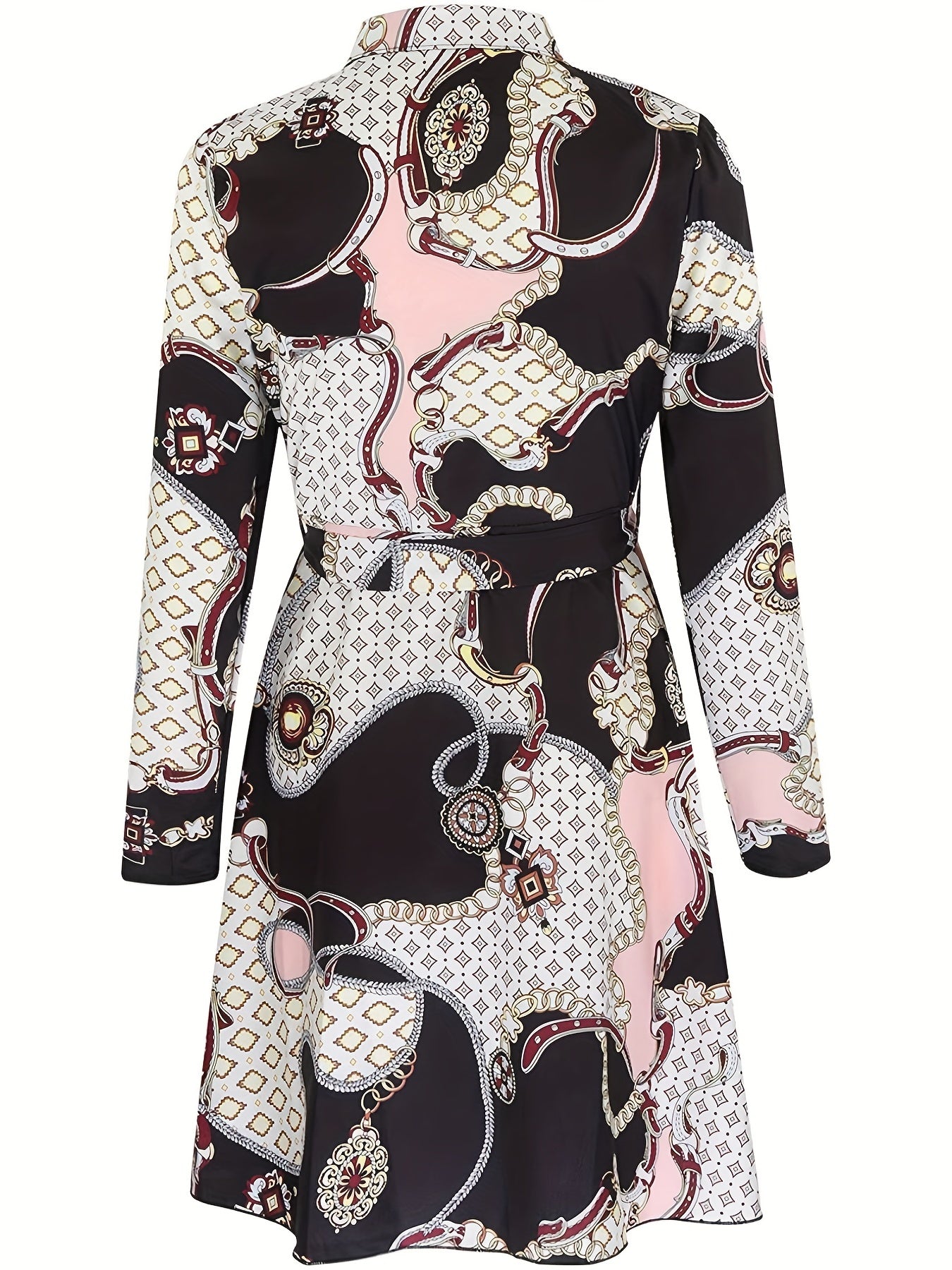 Women's Plus Size Geo Print Long Sleeve Shirt Dress with Belt - Elegant and Stylish
