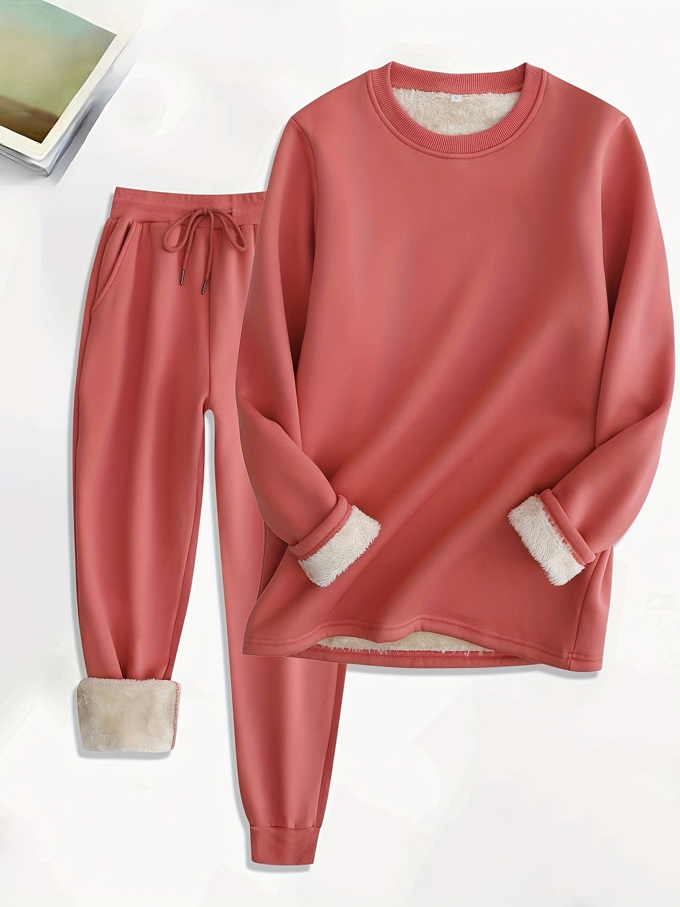 Sixsr Solid Fleece Two-piece Set, Casual Long Sleeve Sweatshirt & Drawstring Jogger Pants Outfits, Women's Clothing