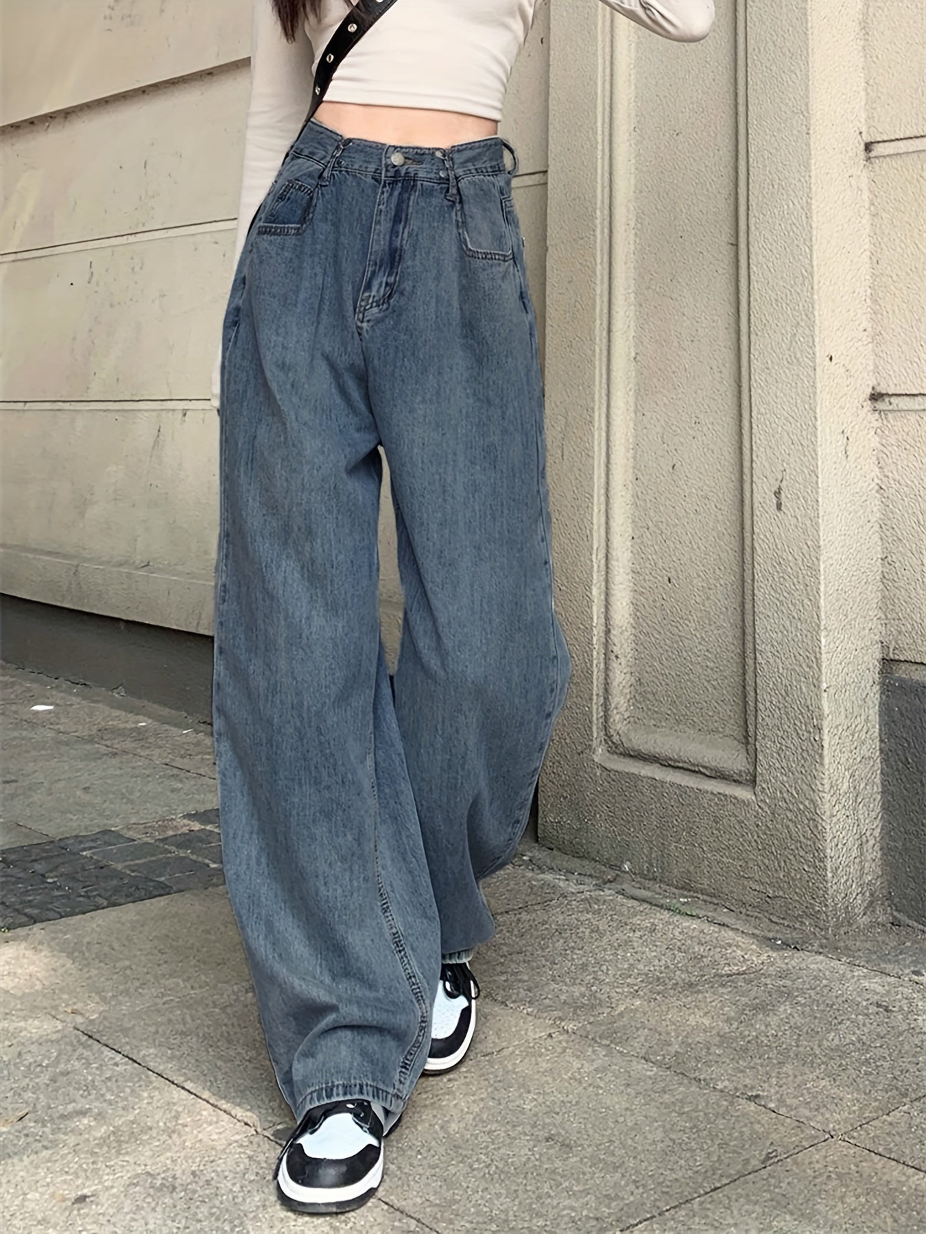 Sixsr Blue Adjustable Buckle Waist Straight Jeans, Loose Fit Slant Pockets High Waist Wide Legs Jeans, Women's Denim Jeans & Clothing