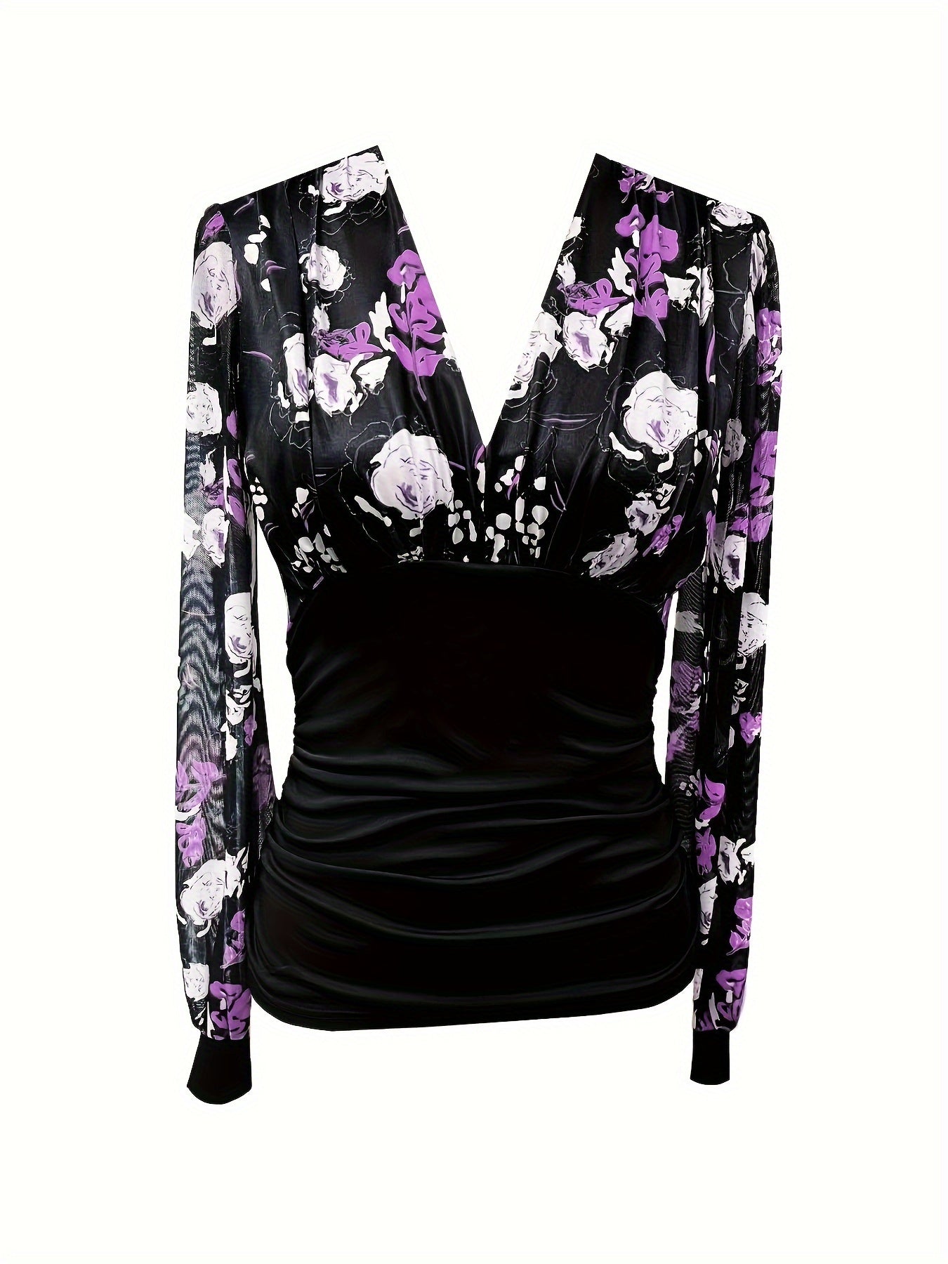 Sixsr Full Printed Mesh T-shirt, Plunge Neck Casual Long Sleeve Cinched Waist Top, Women's Clothing