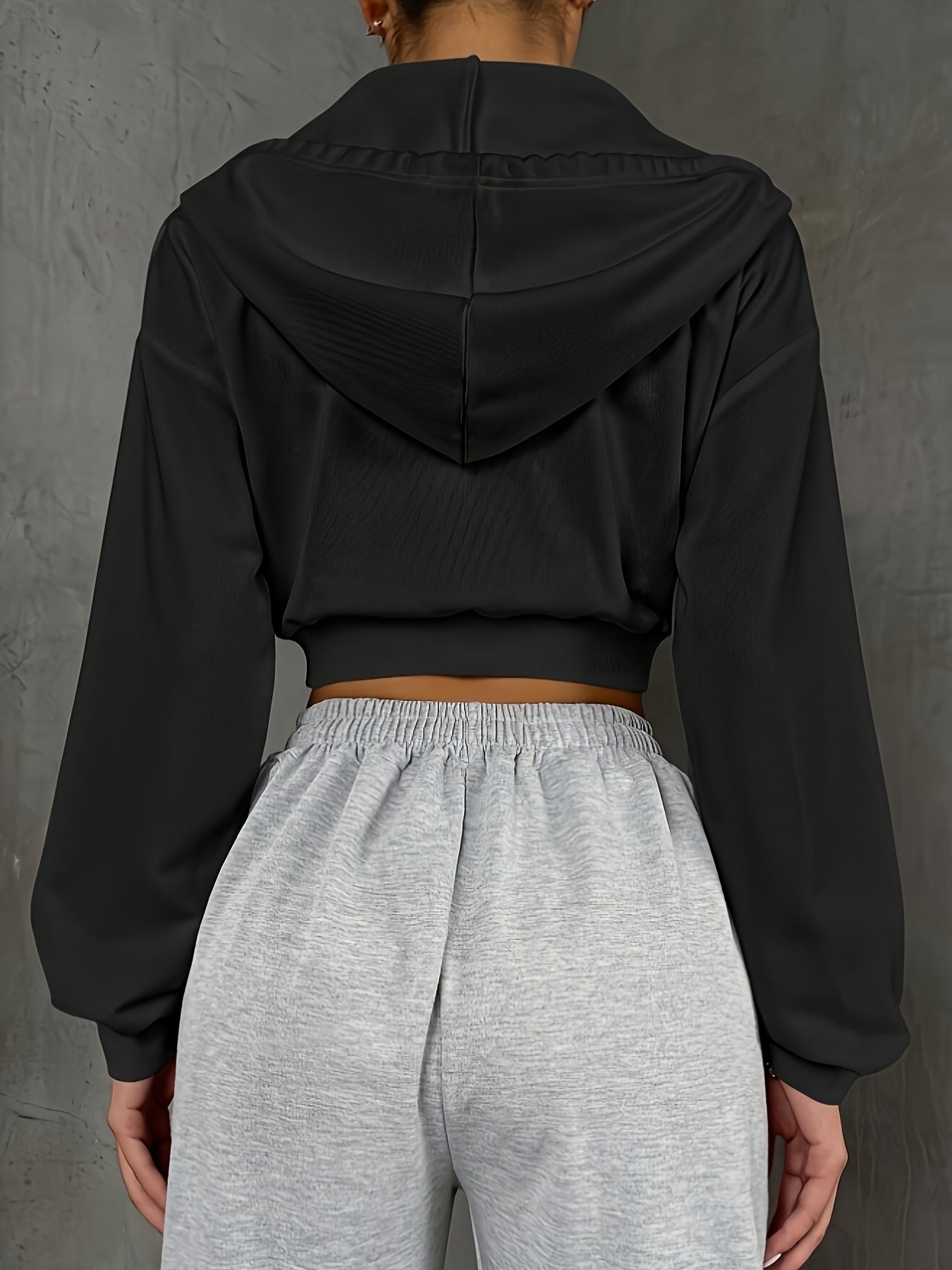 Sixsr Solid Zip Crop Hoodie, Casual Long Sleeve Drawstring Hoodies Sweatshirt, Women's Clothing