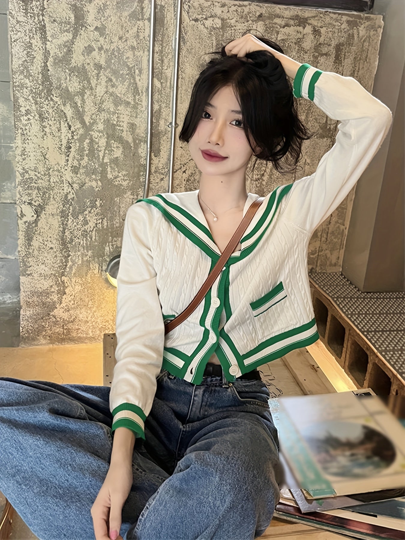 Sixsr Striped Navy Collar Knit Cardigan, Casual Long Sleeve Button Crop Sweater, Women's Clothing