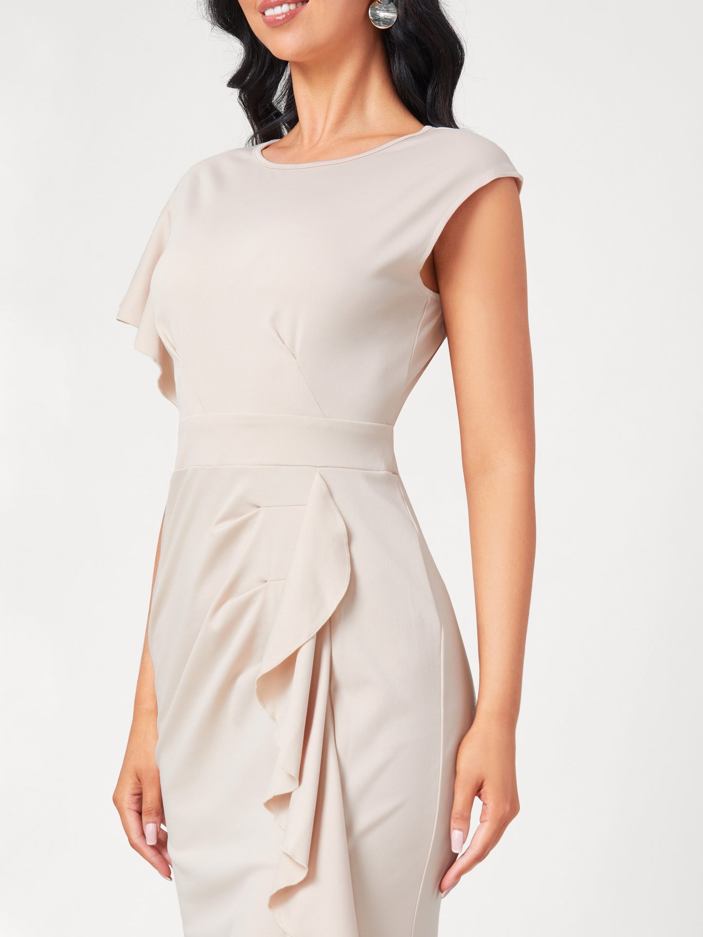 Sixsr Ruffle Trim Split Asymmetrical Dress, Elegant Solid Bodycon Party Dress, Women's Clothing