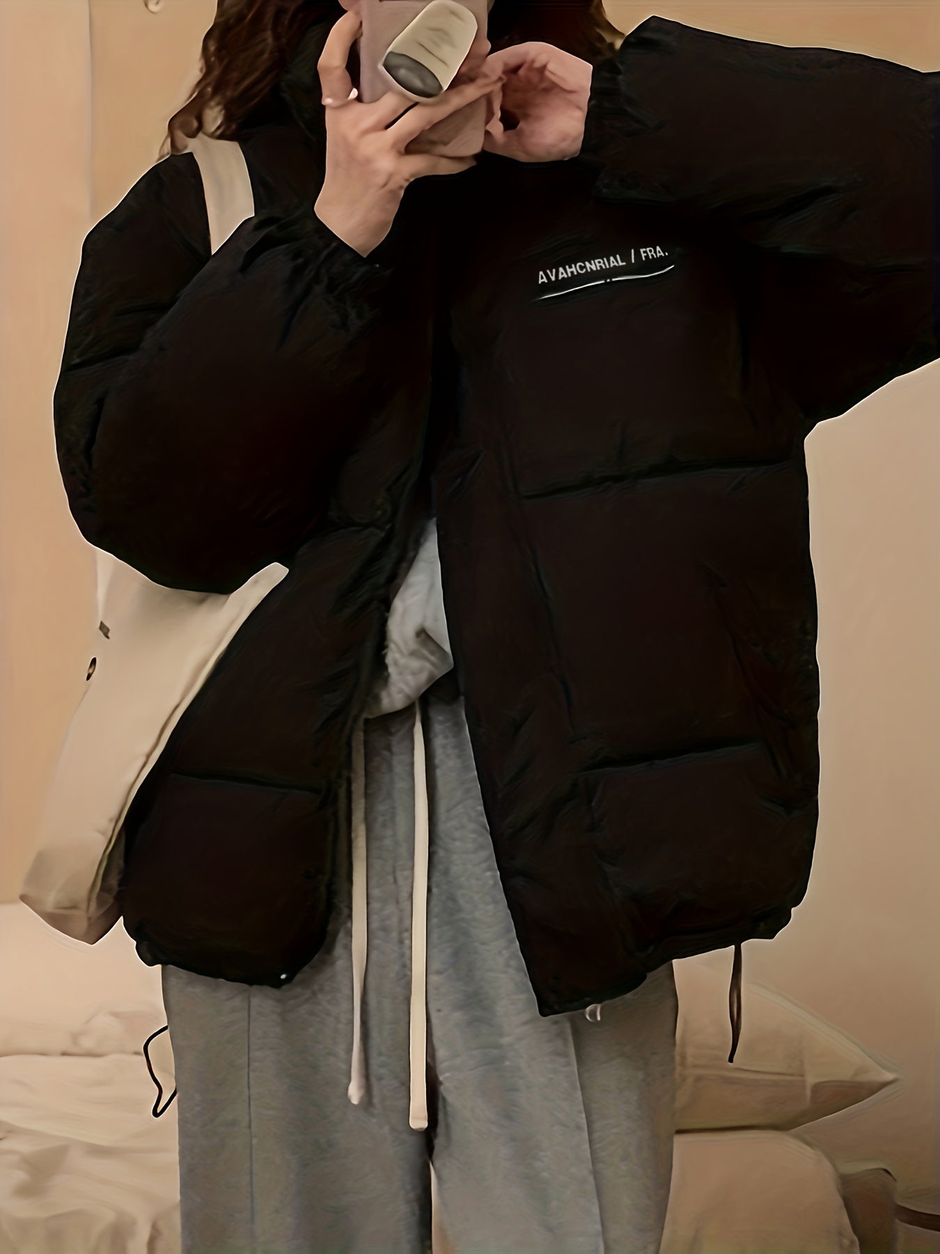 Sixsr Zip Up Letter Print Puffy Coat, Long Sleeve Slant Pockets Outwear For Winter, Women's Clothing