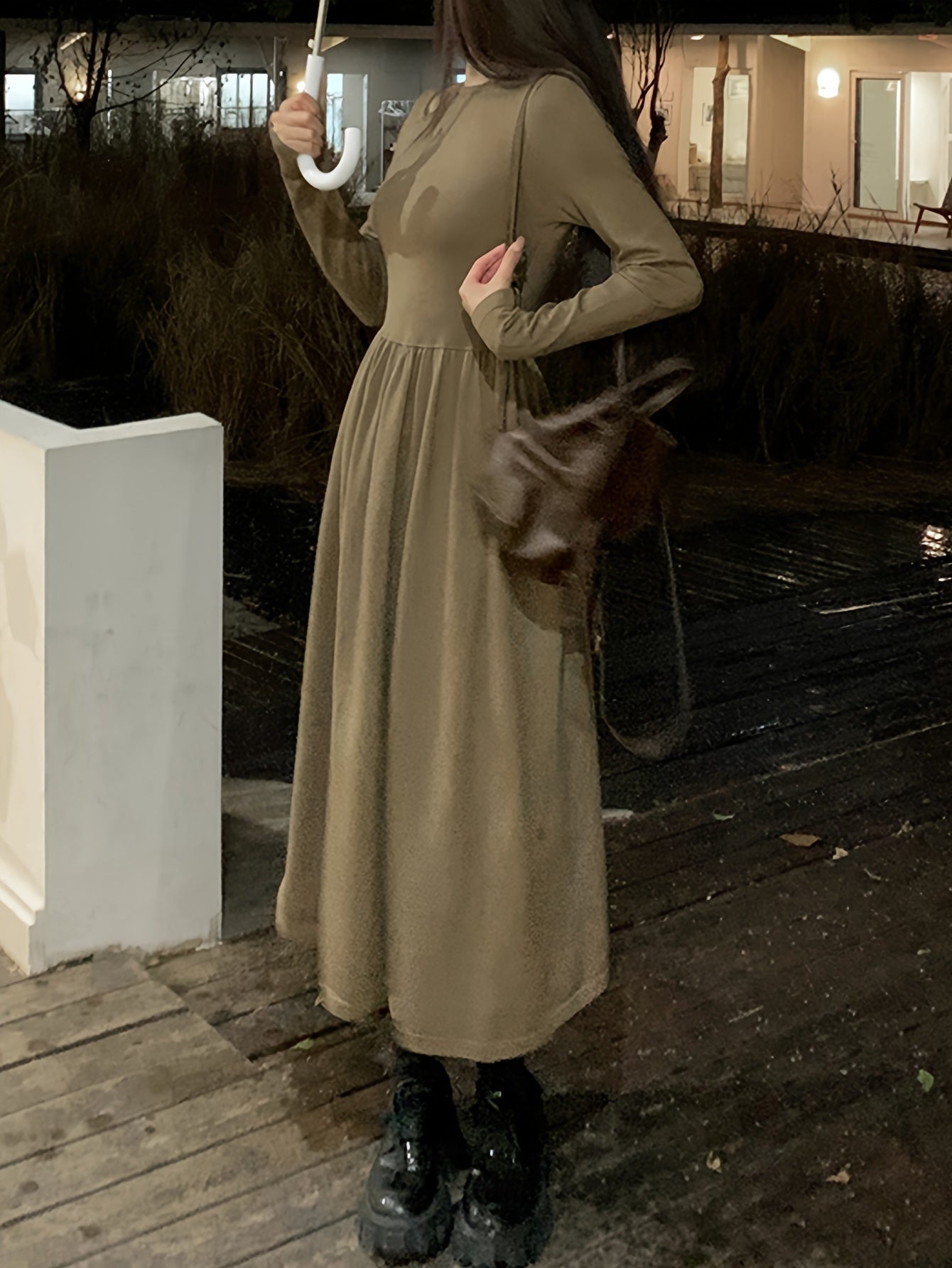 Sixsr Cut Out Long Sleeve A-line Dress, Chic Crew Neck Midi Length Dress, Women's Clothing