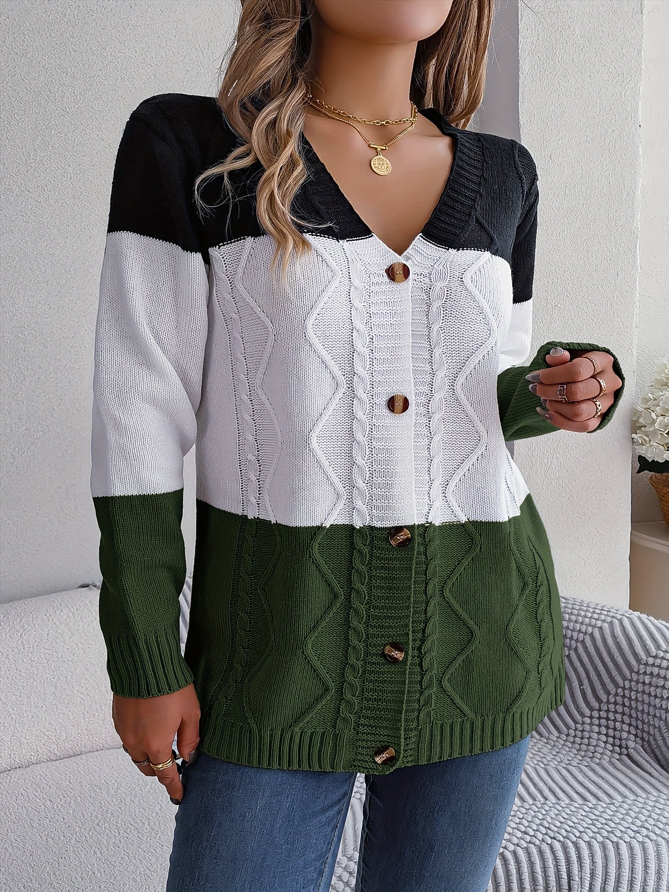 Sixsr Color Block Button Down Cable Knit Cardigan, Casual Long Sleeve V Neck Sweater, Women's Clothing