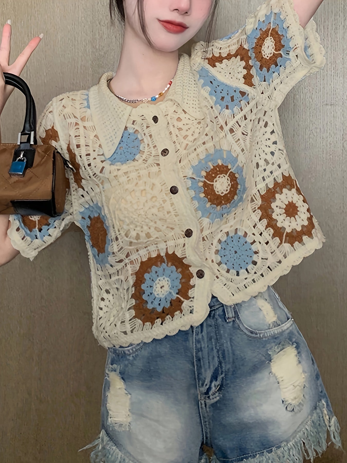 Sixsr Graphic Pattern Hollow Crochet Cardigan, Vintage Button Up Short Sleeve Stylish Top, Women's Clothing