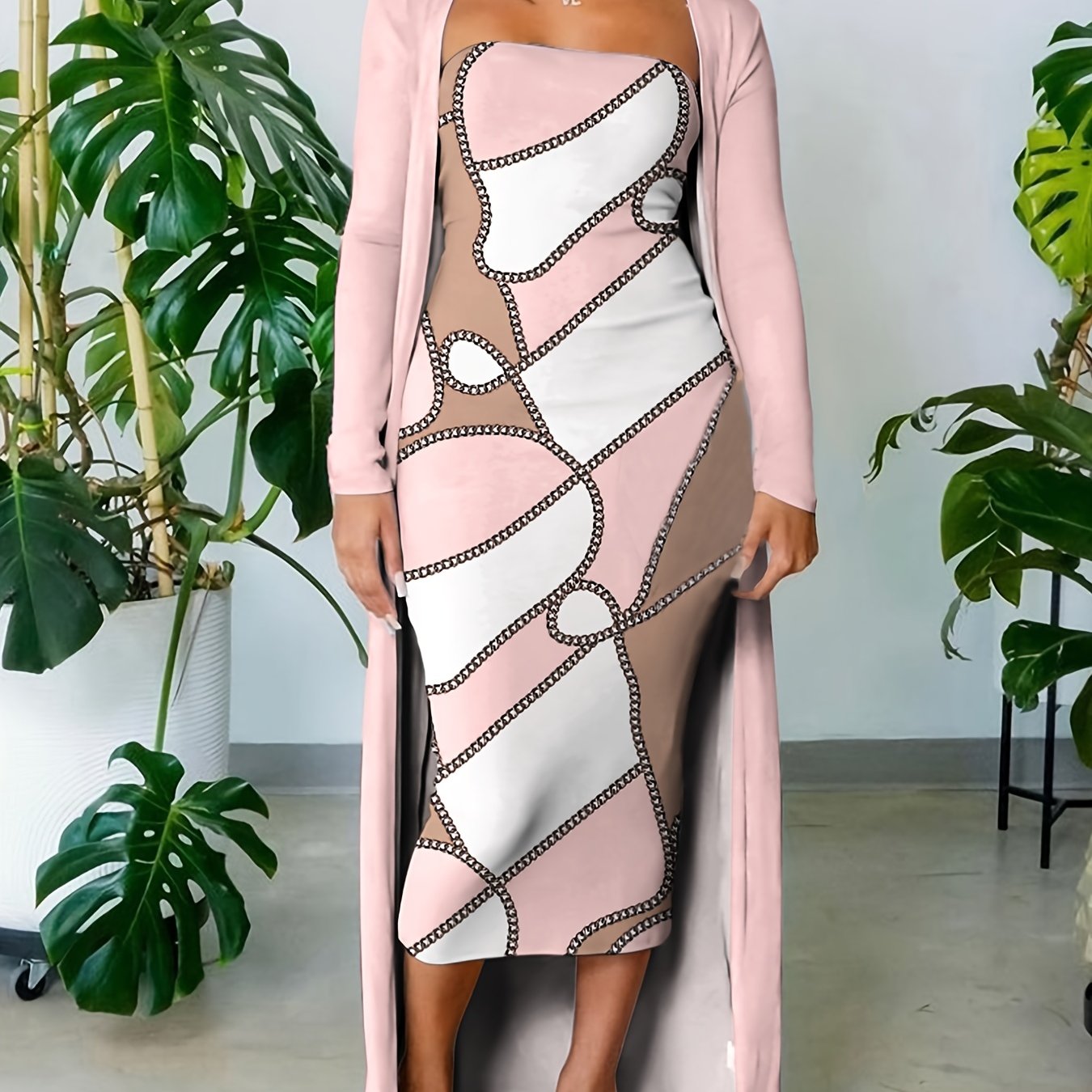 two-piece Women's Bodycon Dress and Long Sleeve Top Set - Stylish and Comfortable Women's Clothing