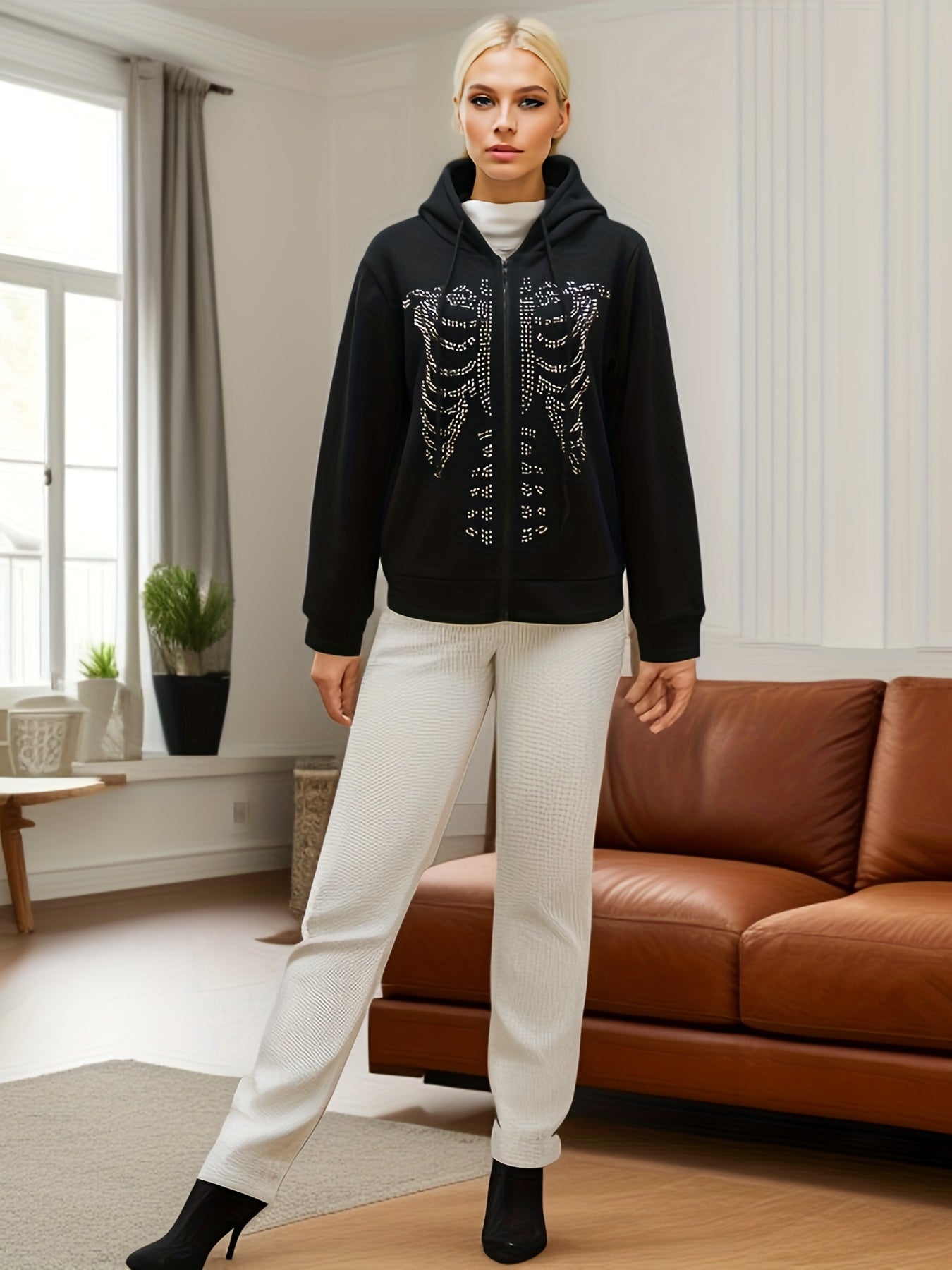 Sixsr Skeleton Print Zip Up Hoodies, Casual Drawstring Long Sleeve Sweatshirt, Women's Clothing