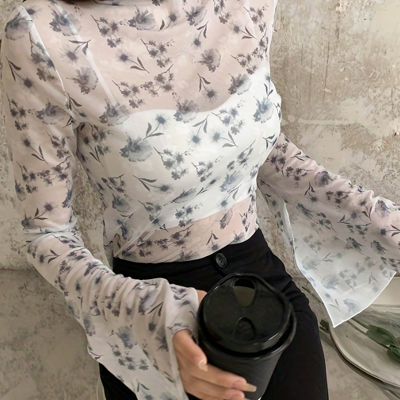 Sixsr Floral Print Flared Sleeve Blouse, Casual Crew Neck Semi-Sheer Blouse, Women's Clothing