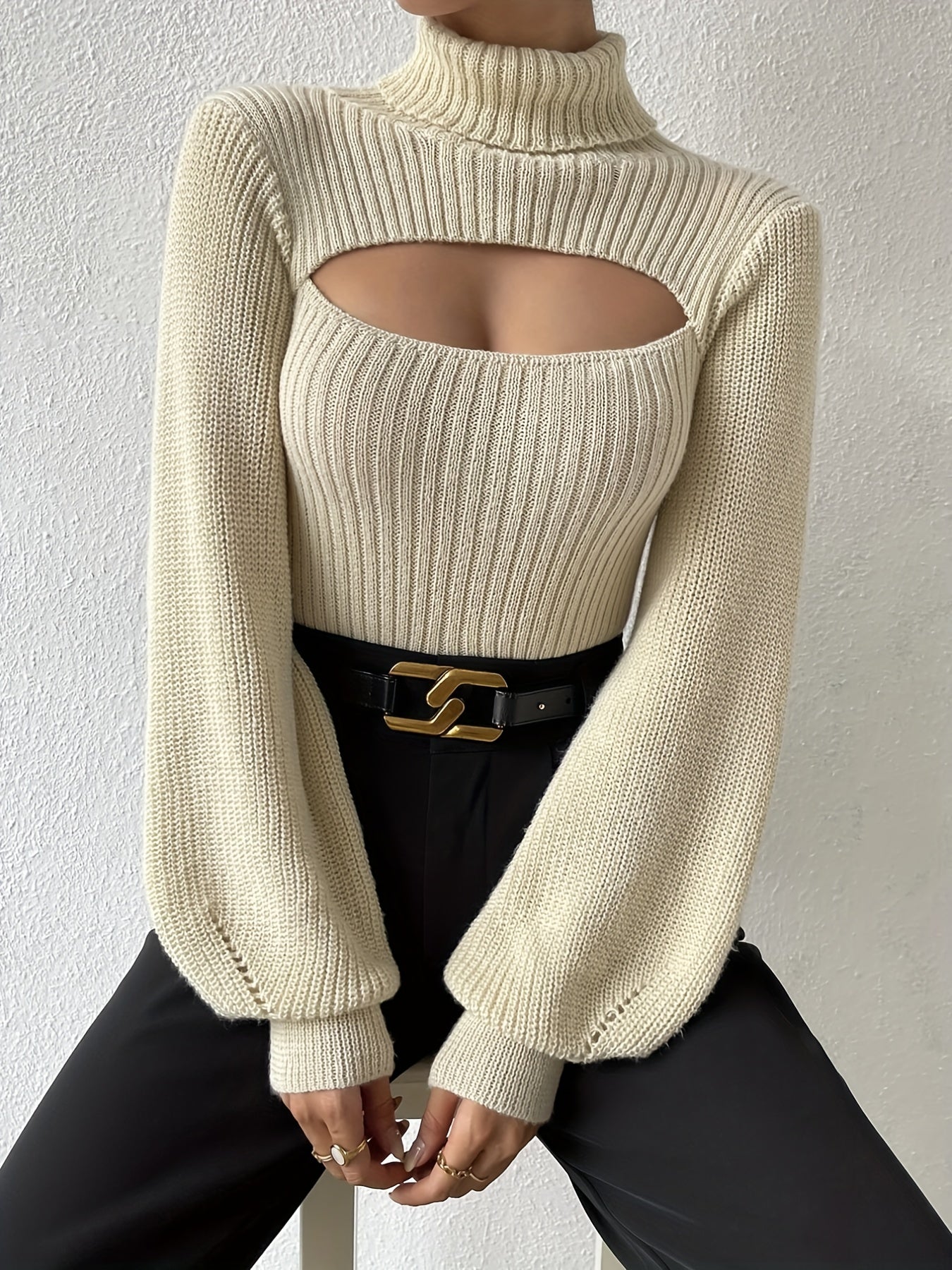 Sixsr Turtleneck Cut Out Knit Sweater, Casual Solid Long Sleeve Sweater, Women's Clothing