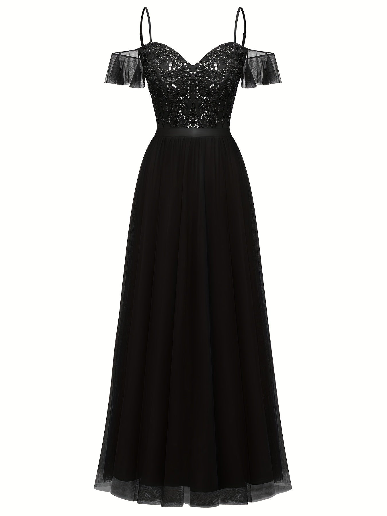 Sixsr Contrast Sequin Spaghetti Strap Bridesmaid Dres, Elegant Short Sleeve A-line Evening Dress For Party & Banquet, Women's Clothing