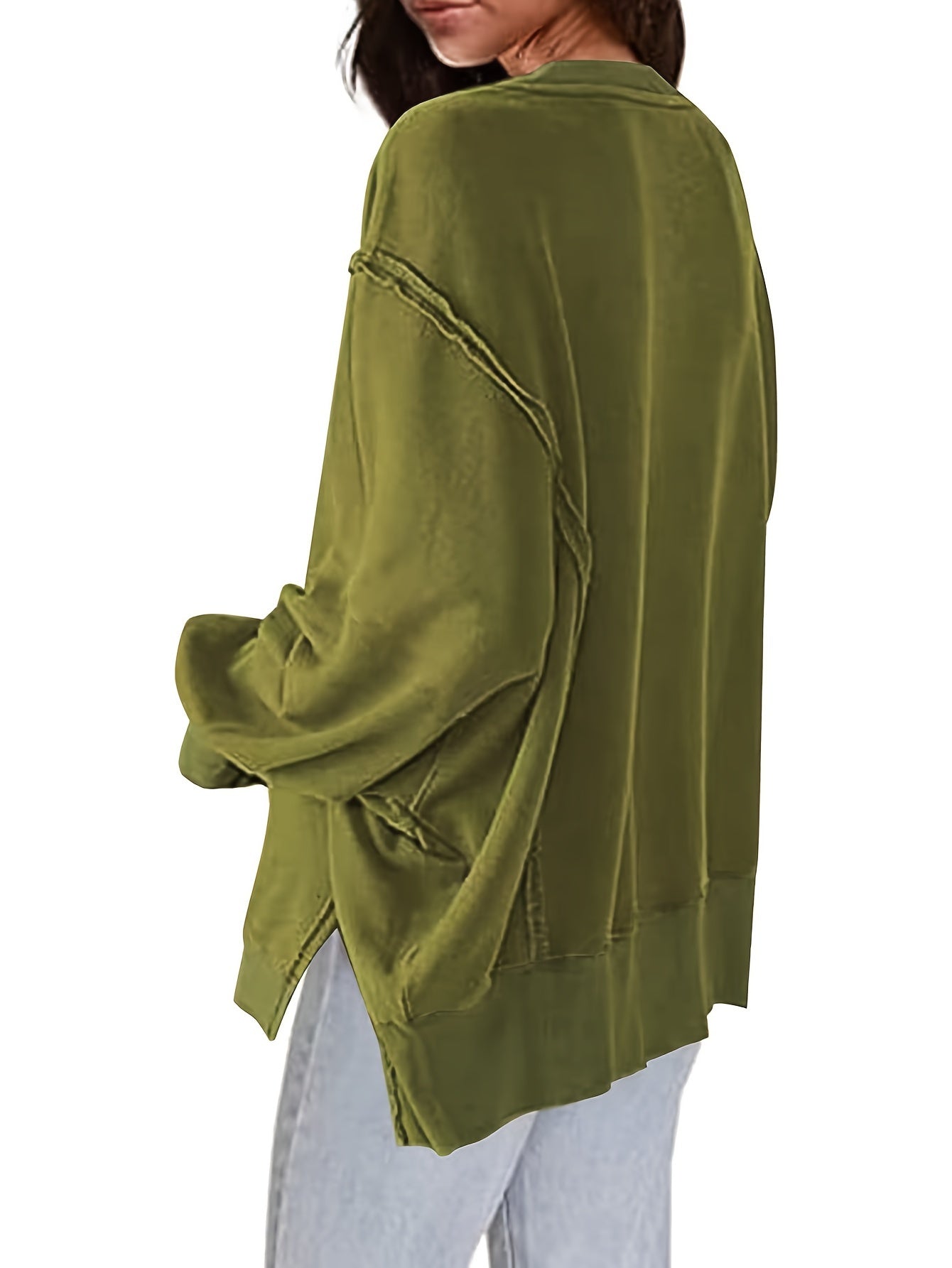 Sixsr Plus Size Casual Sweatshirt, Women's Plus Solid Long Sleeve Round Neck Fleece Split Loose Fit Pullover Top