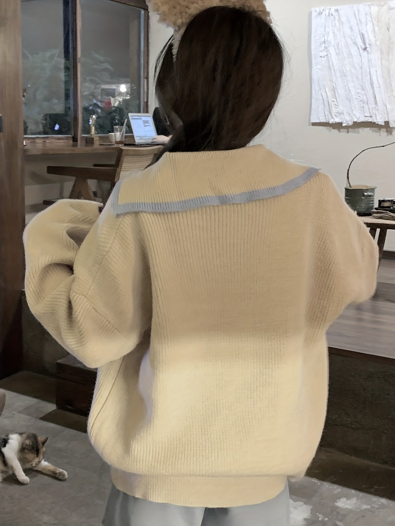 Sixsr Color Block Zip Up Knit Cardigan, Casual Collared Long Sleeve Loose Sweater, Women's Clothing