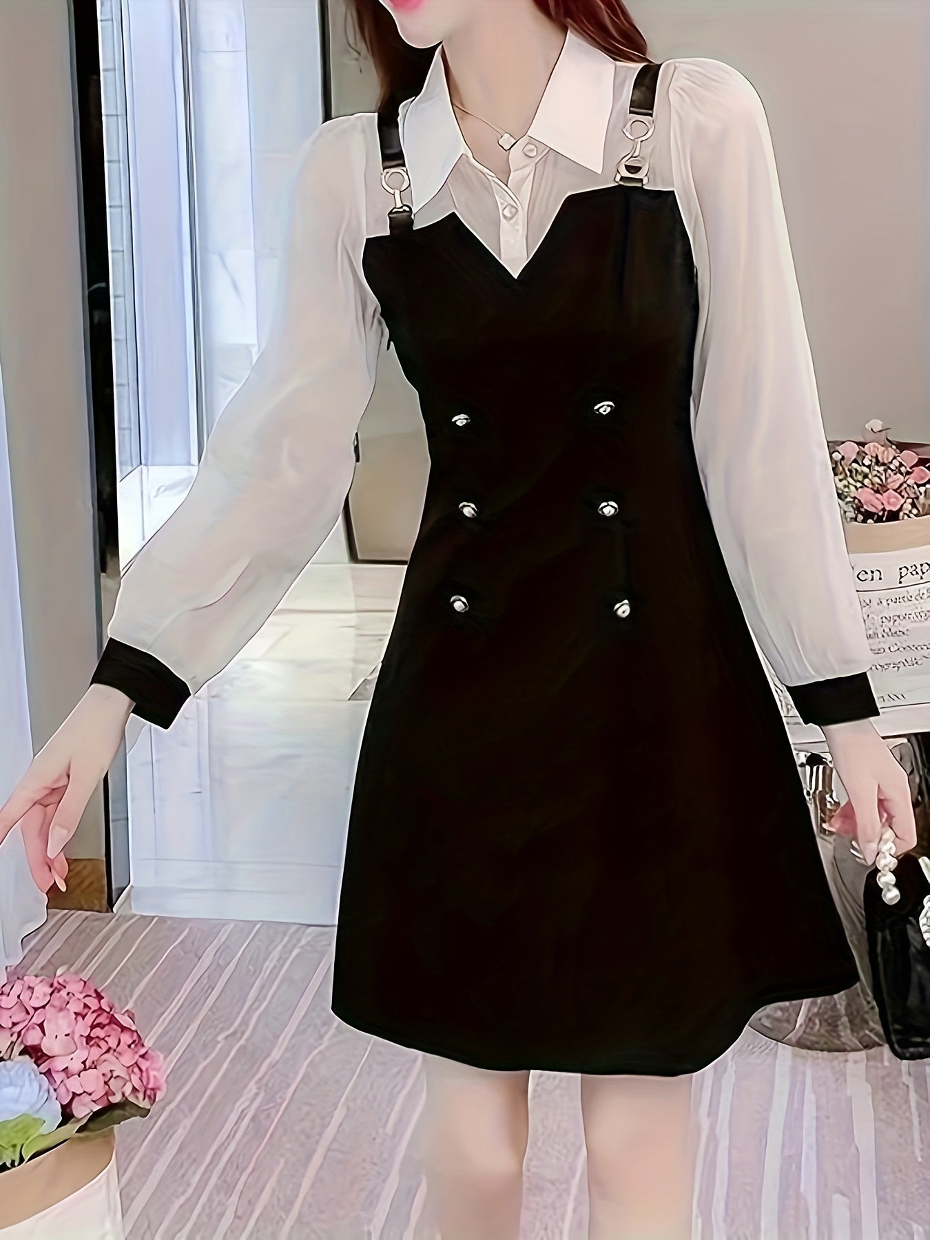 Sixsr Color Block 2 In 1 Dress, Elegant Long Sleeve Chain Midi Dress, Women's Clothing